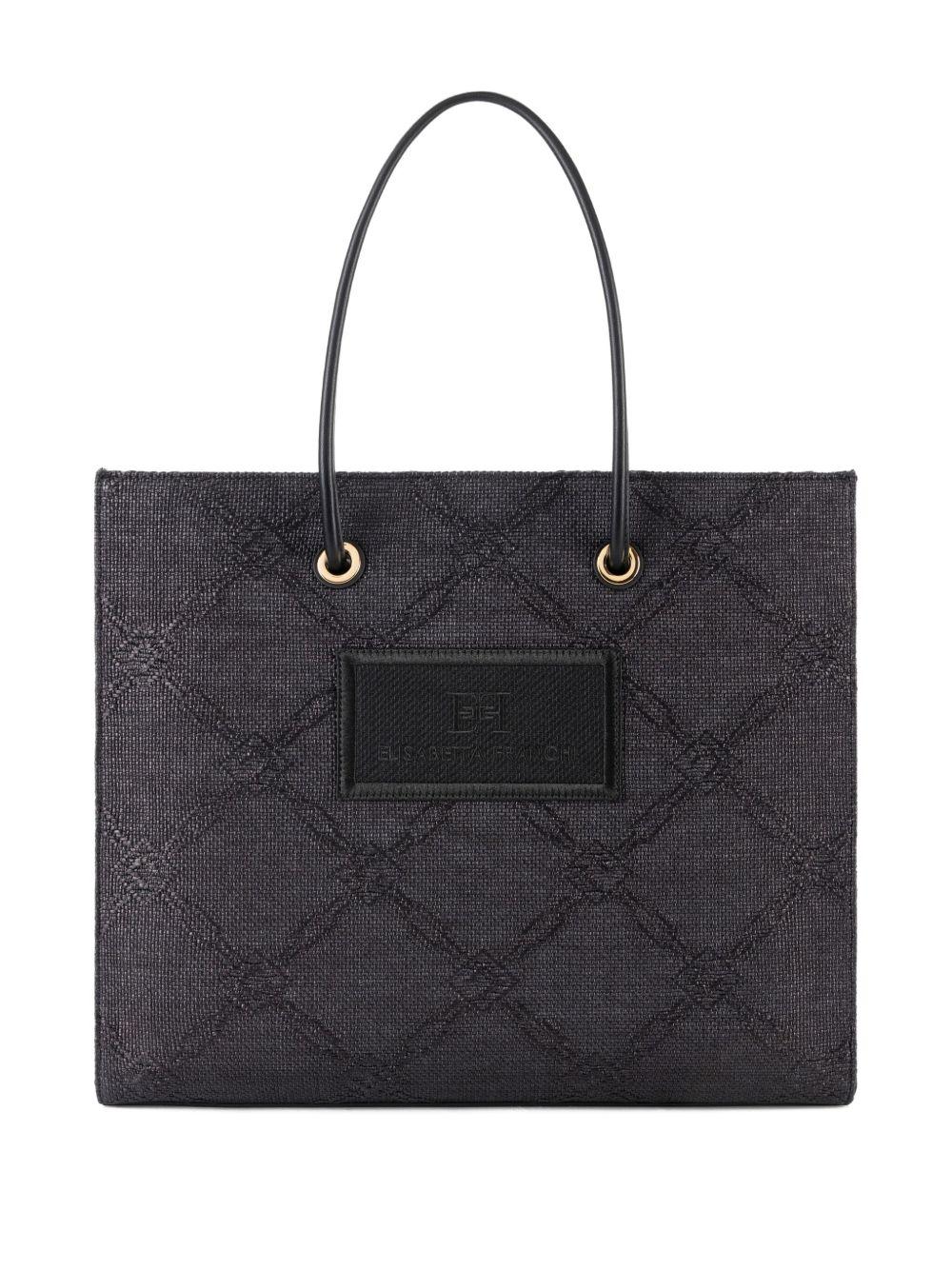 Borsa Tote grande in rafia jacquard nera