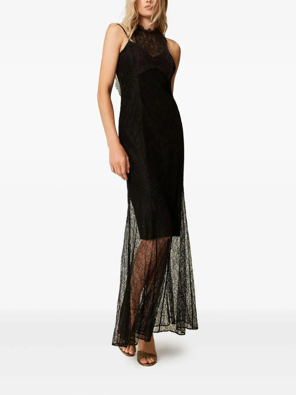 Abito Lungo Nero in Pizzo con Inserti Trasparenti - Preludio Moda