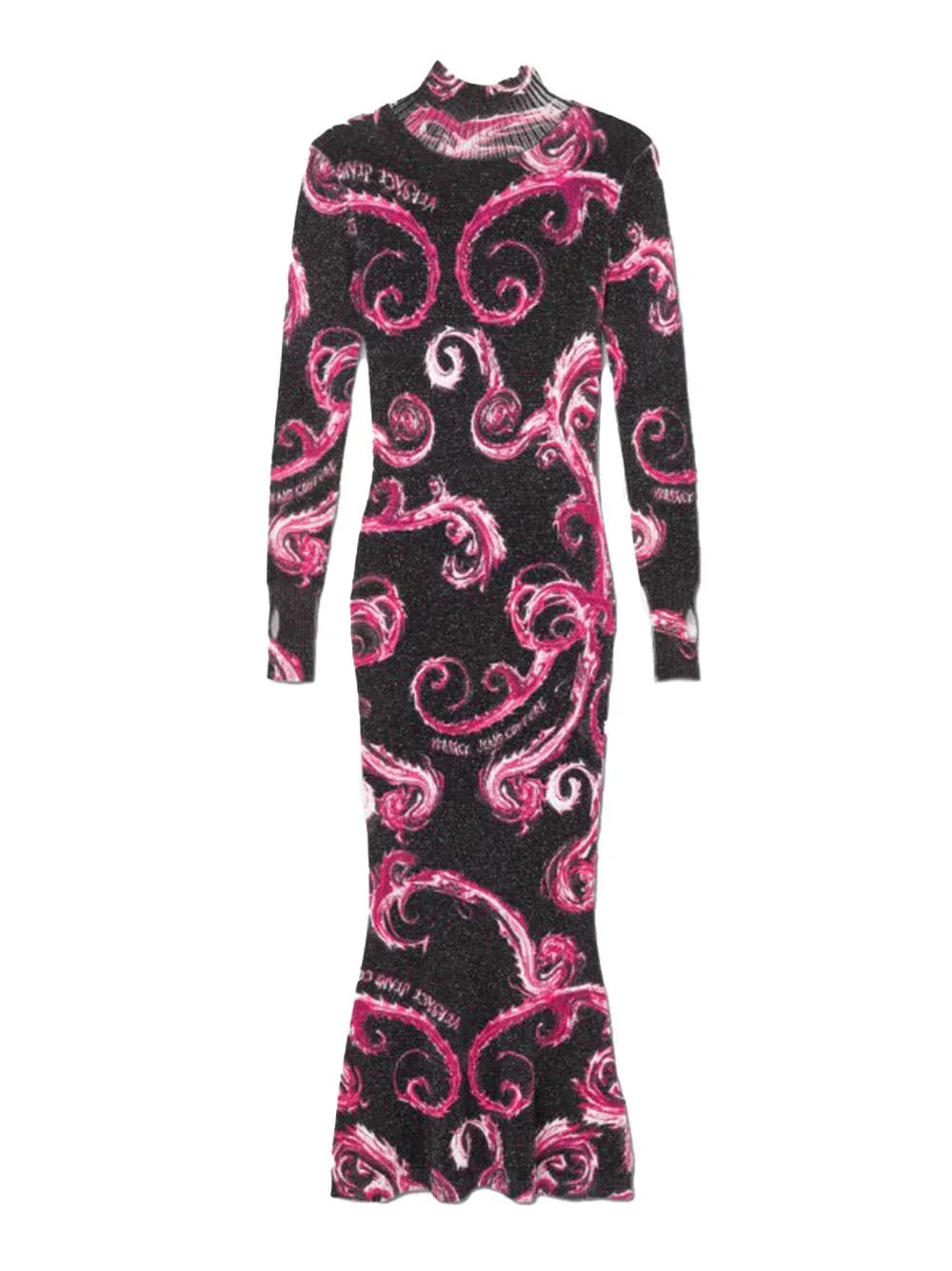Abito midi in lurex fantasia baroque nero/fucsia - Preludio Moda