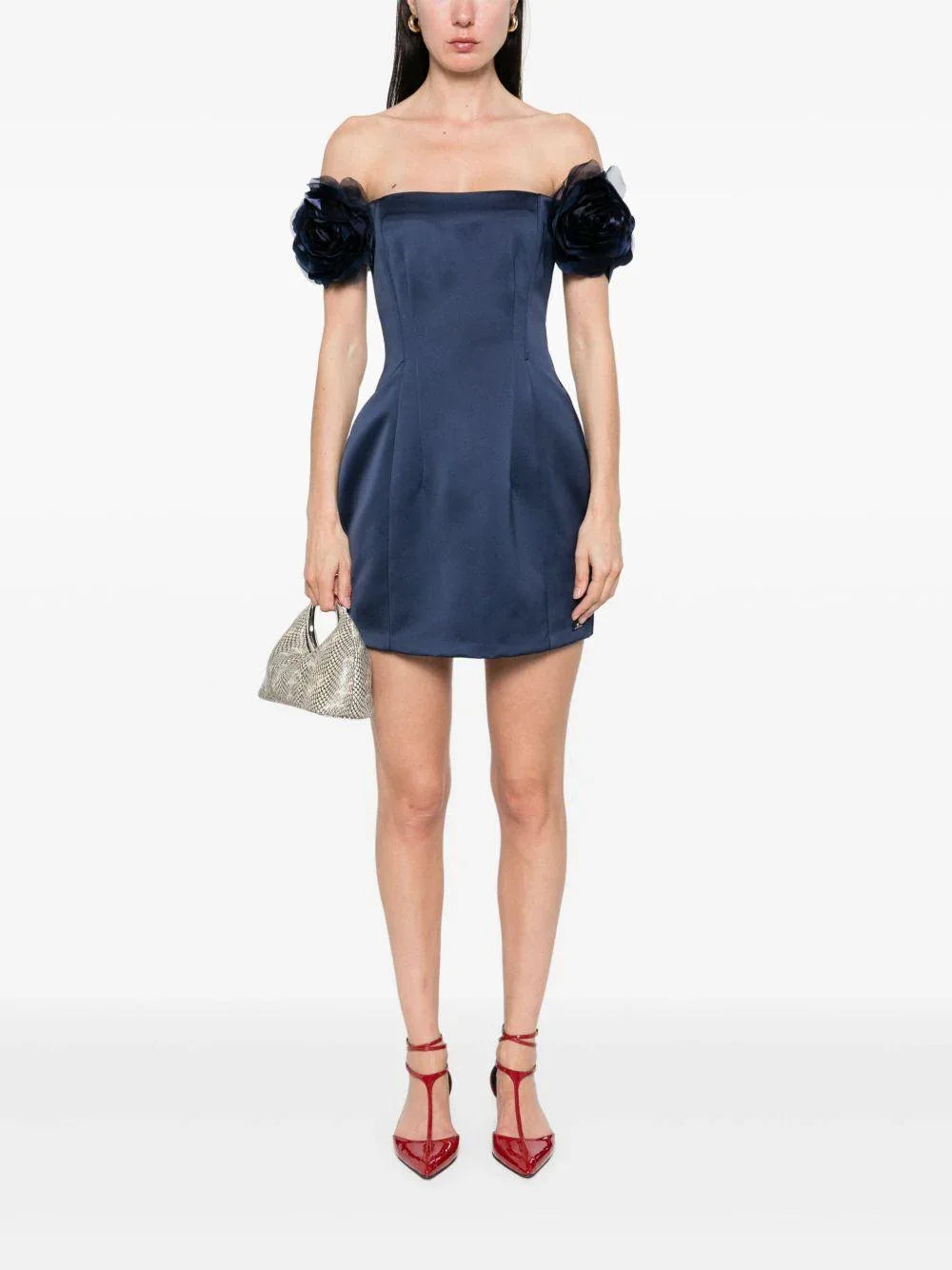 Abito blu corto con maniche fiore - Preludio Moda