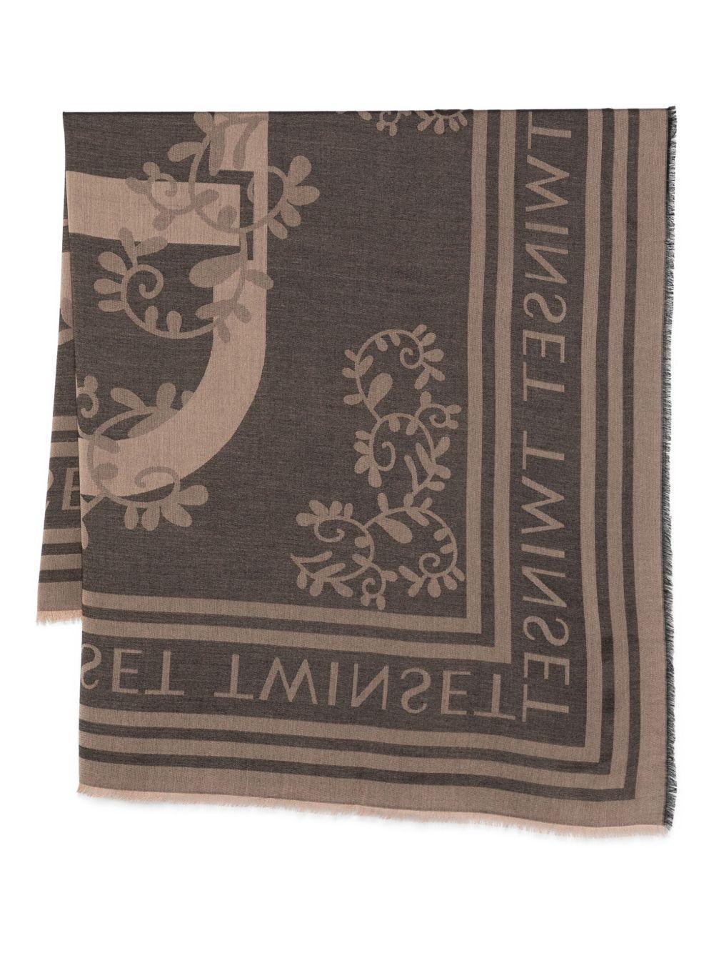 Sciarpa Marrone con Motivo Floreale e Frange - Preludio Moda