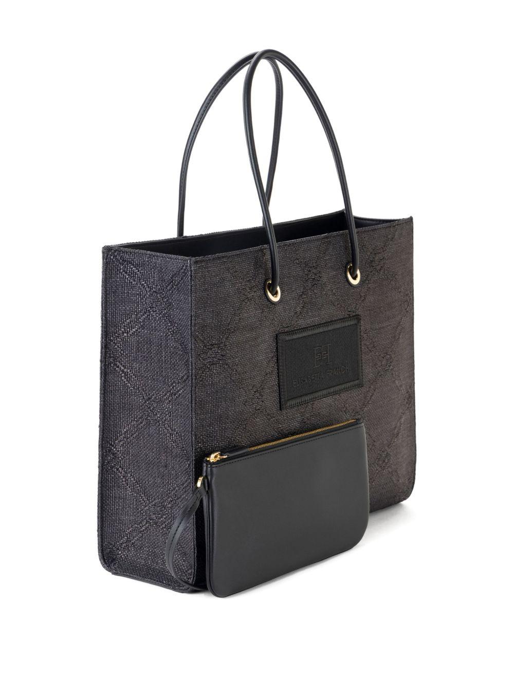 Borsa Tote grande in rafia jacquard nera