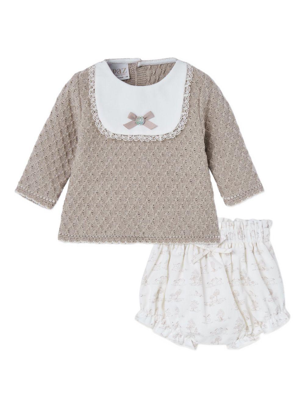 Set beige in maglia con pantaloncini stampati - Preludio Moda