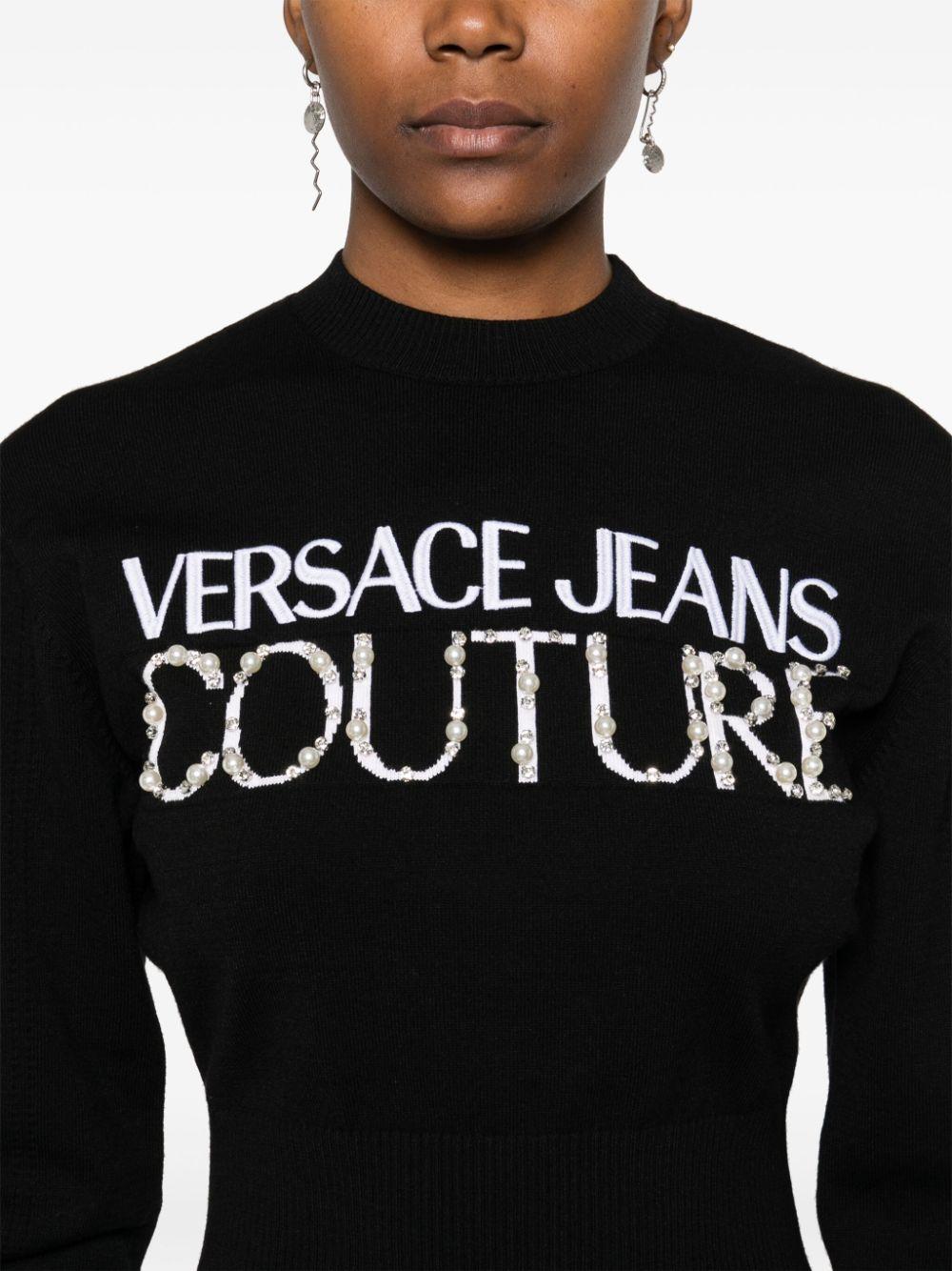 Maglione crop nero logo e perline