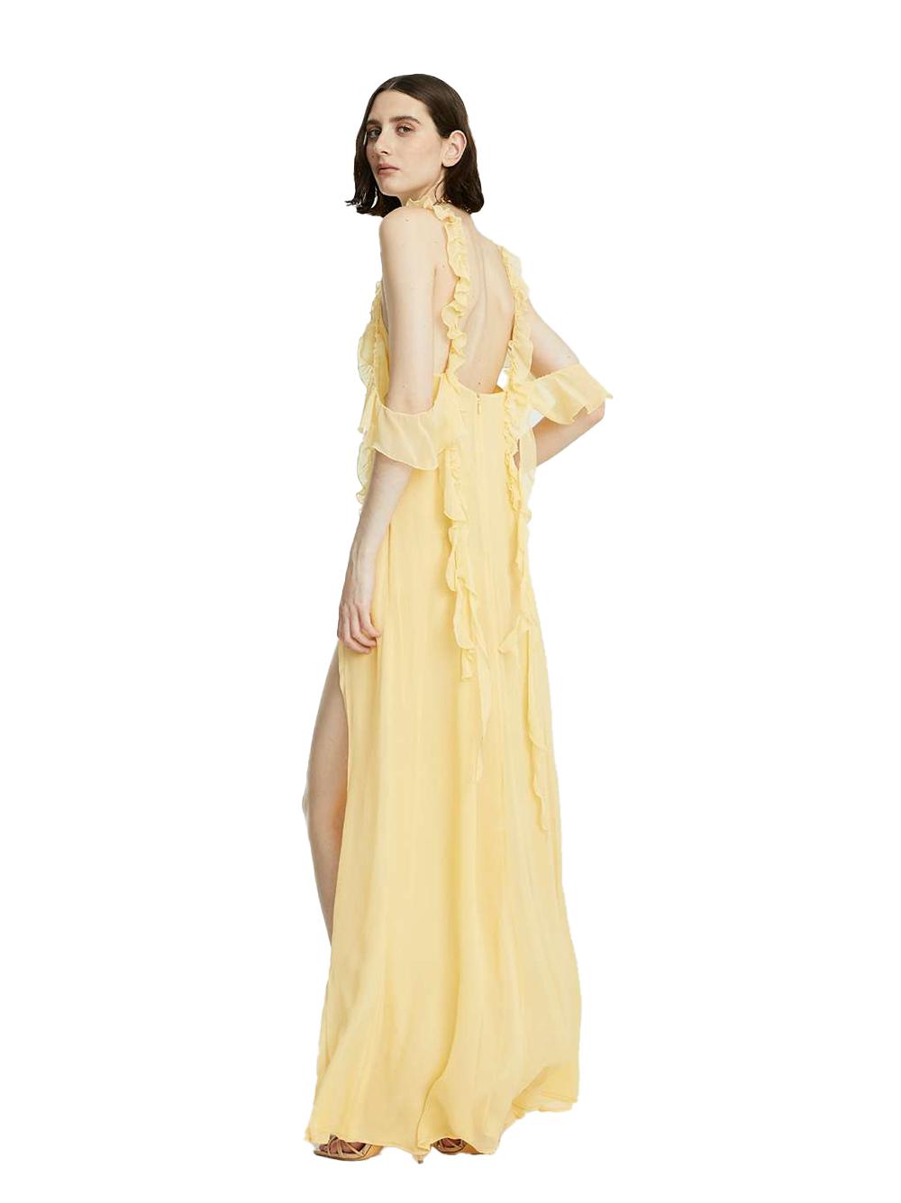 Abito giallo in crepe lungo con dettagli in rushes