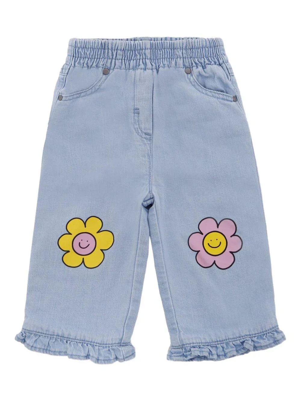 Jeans Azzurri con Ruches e Decorazioni a Fiori - Preludio Moda