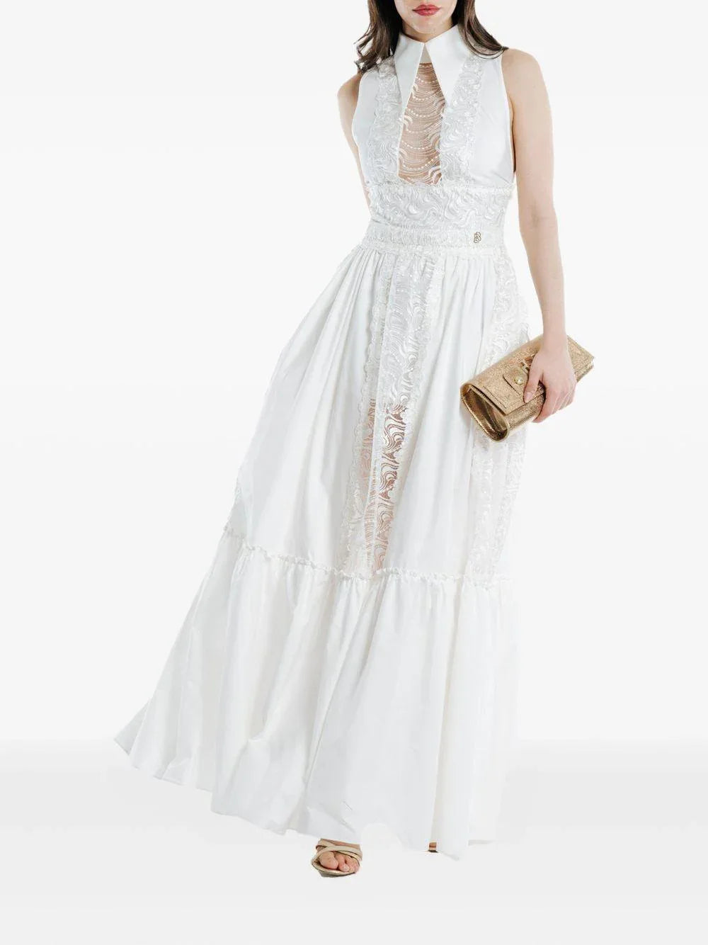 Abito lungo bianco con semitrasparenze ricamate - Preludio Moda