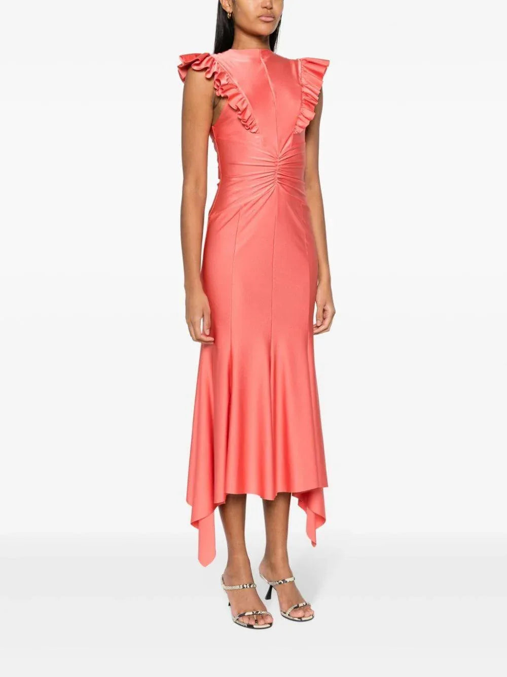 Abito corallo accollato con ruches - Preludio Moda
