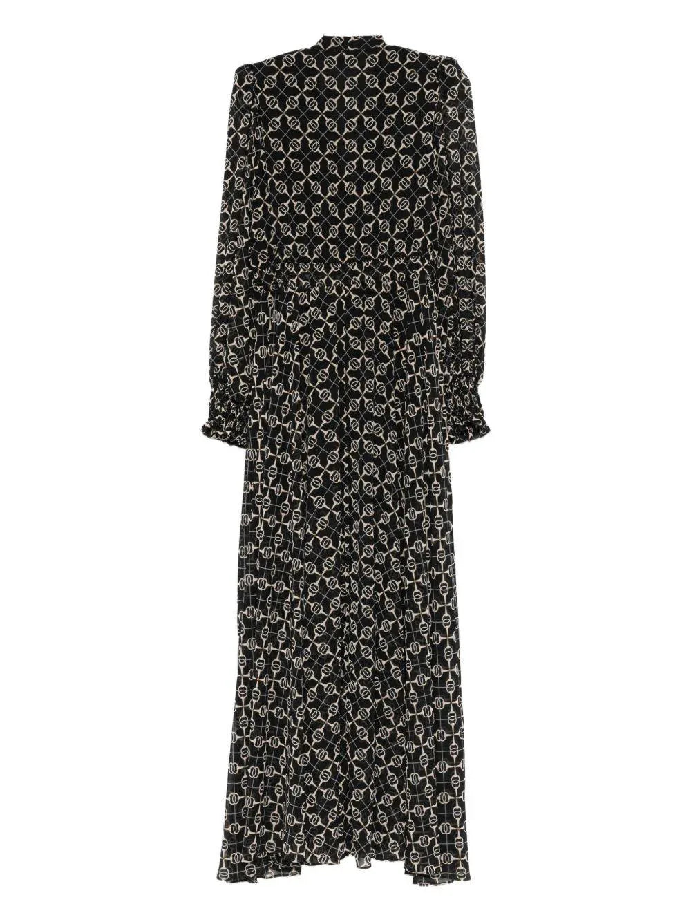 Abito Lungo Scuro con Stampa Catena e Scollo a V - Preludio Moda