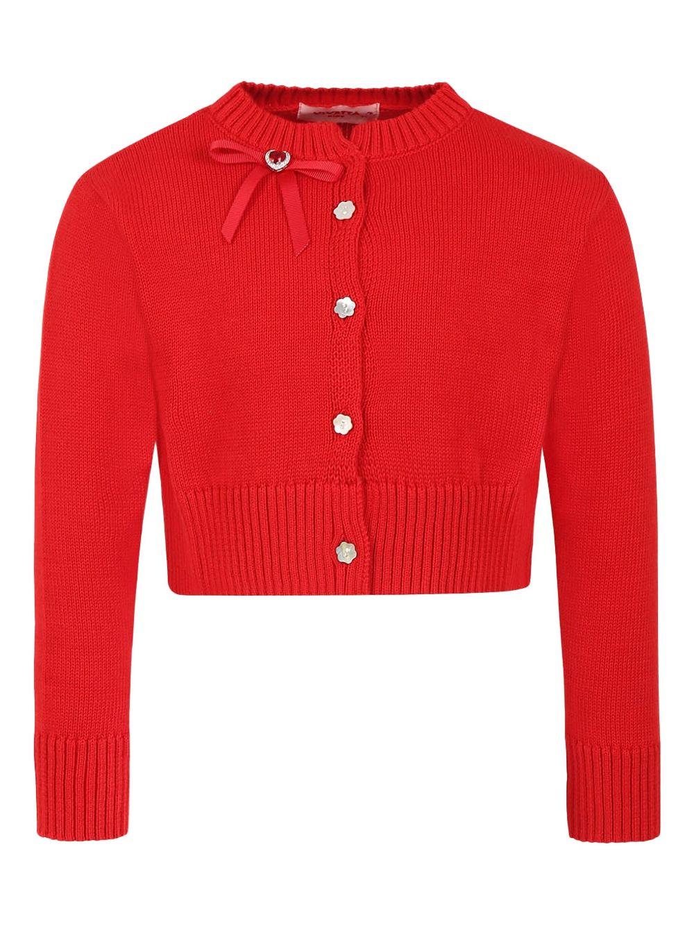 Cardigan rosso in maglia con mini fiocco
