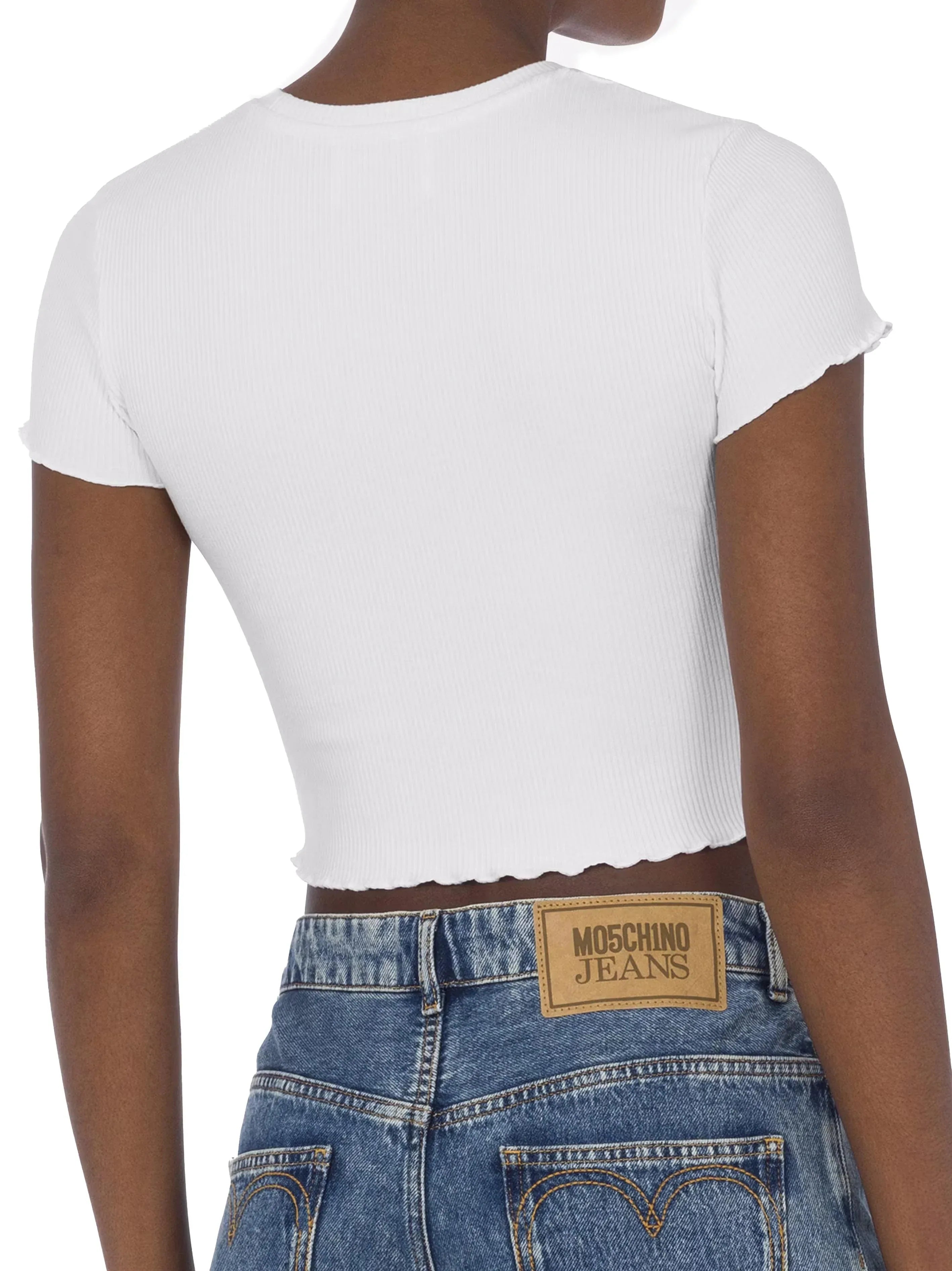 T-shirt crop a costine etichetta logo bianca - Preludio Moda