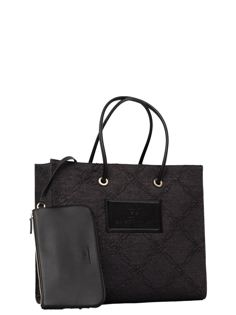 Borsa Tote grande in rafia jacquard nera - Preludio Moda