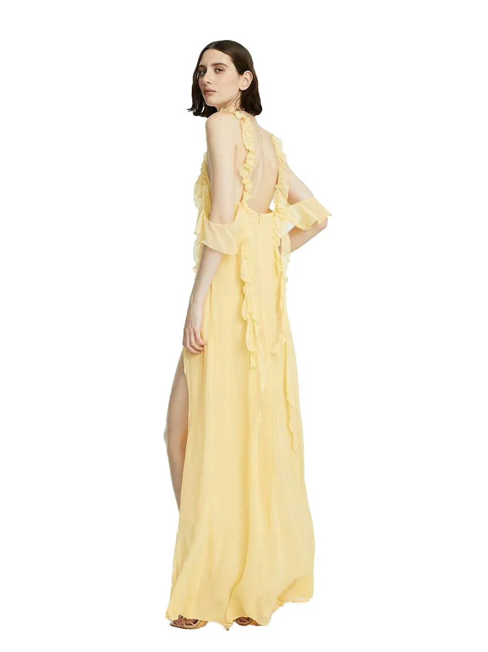 Abito giallo in crepe lungo con dettagli in rushes - Preludio Moda