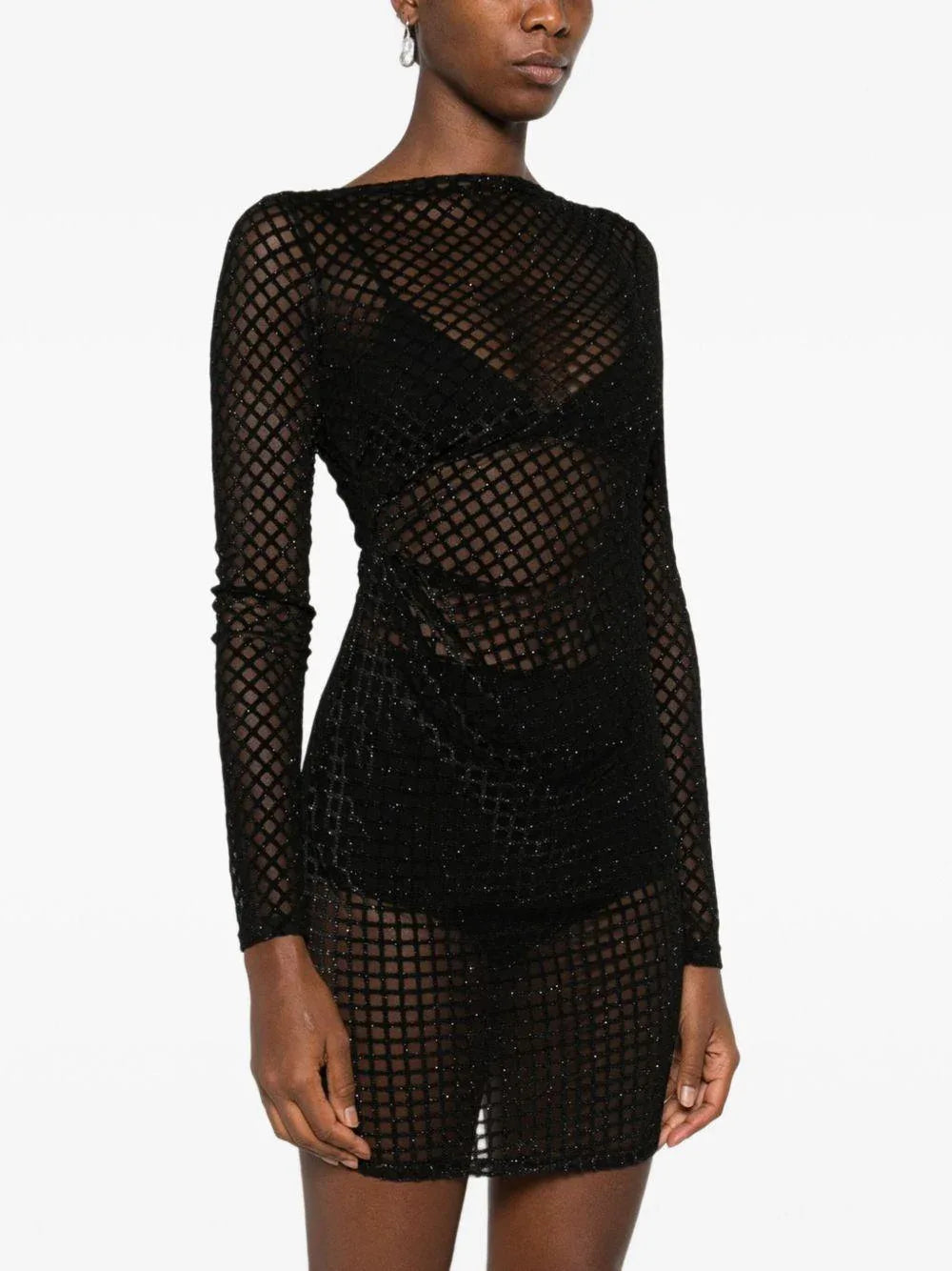 Abito corto nero con glitter e inserto in rete - Preludio Moda