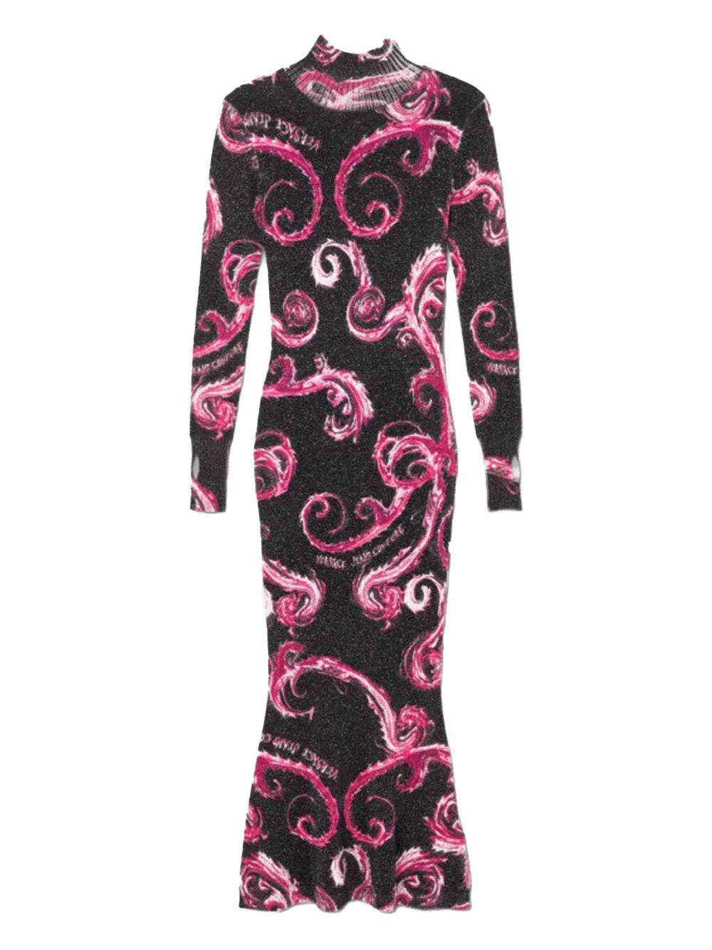 Abito midi in lurex fantasia baroque nero/fucsia - Preludio Moda