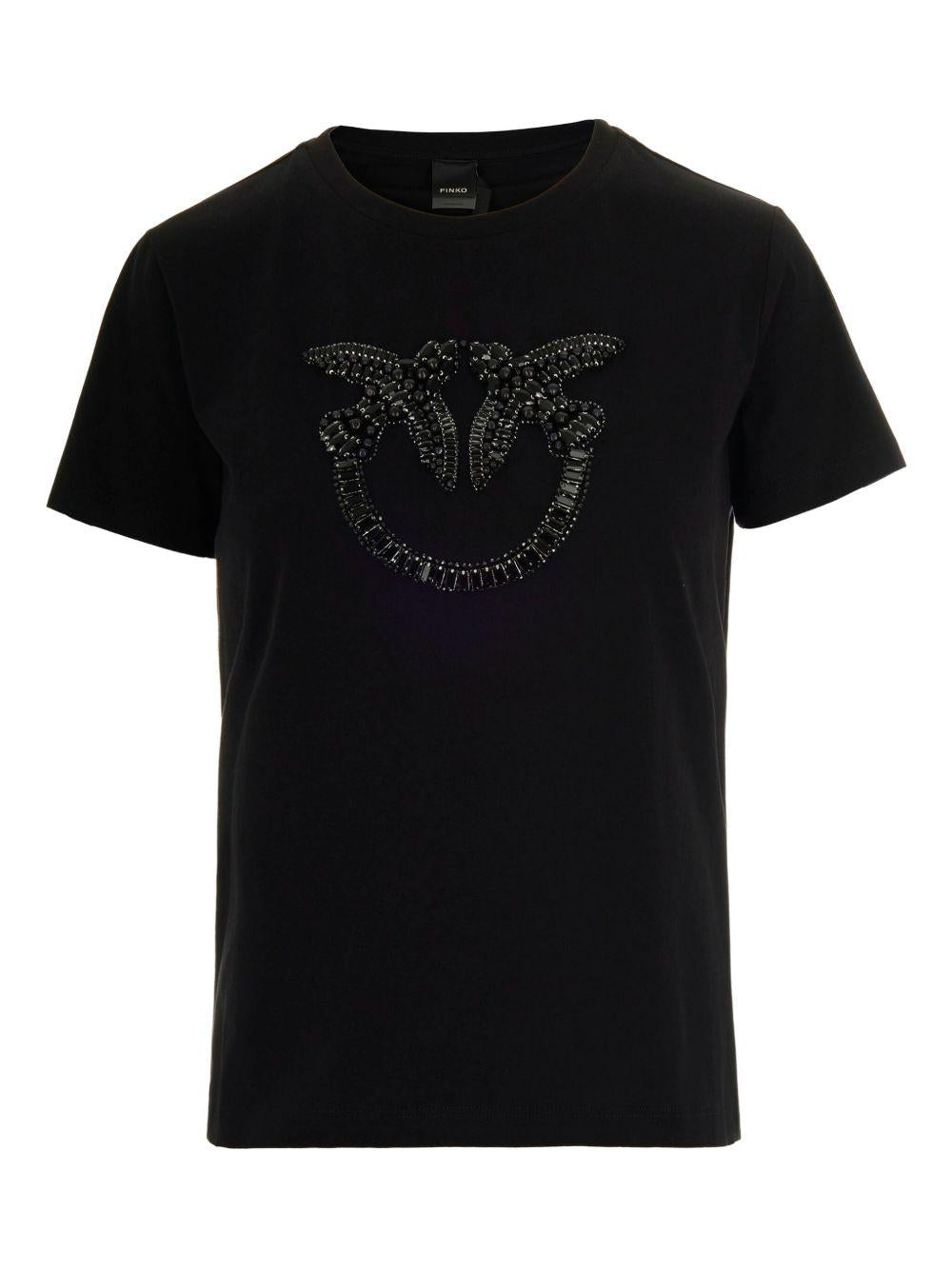 T-shirt nera in cotone con decorazione in cristalli 100535A2RN Z99 PINKO