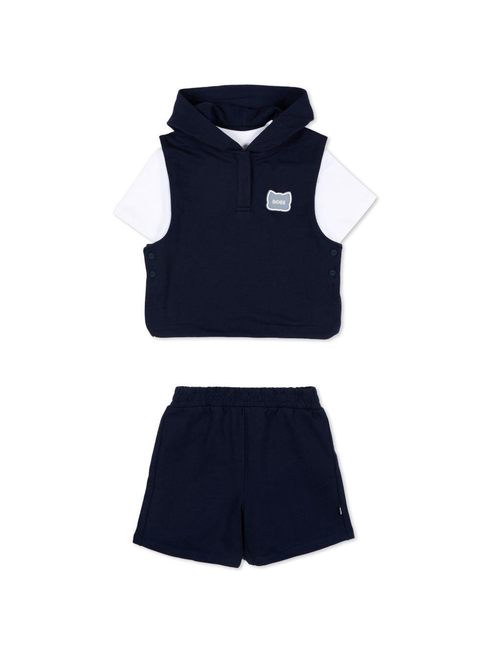 Completo felpa e shorts in cotone con cappuccio J53039 849 BOSS KIDSWEAR