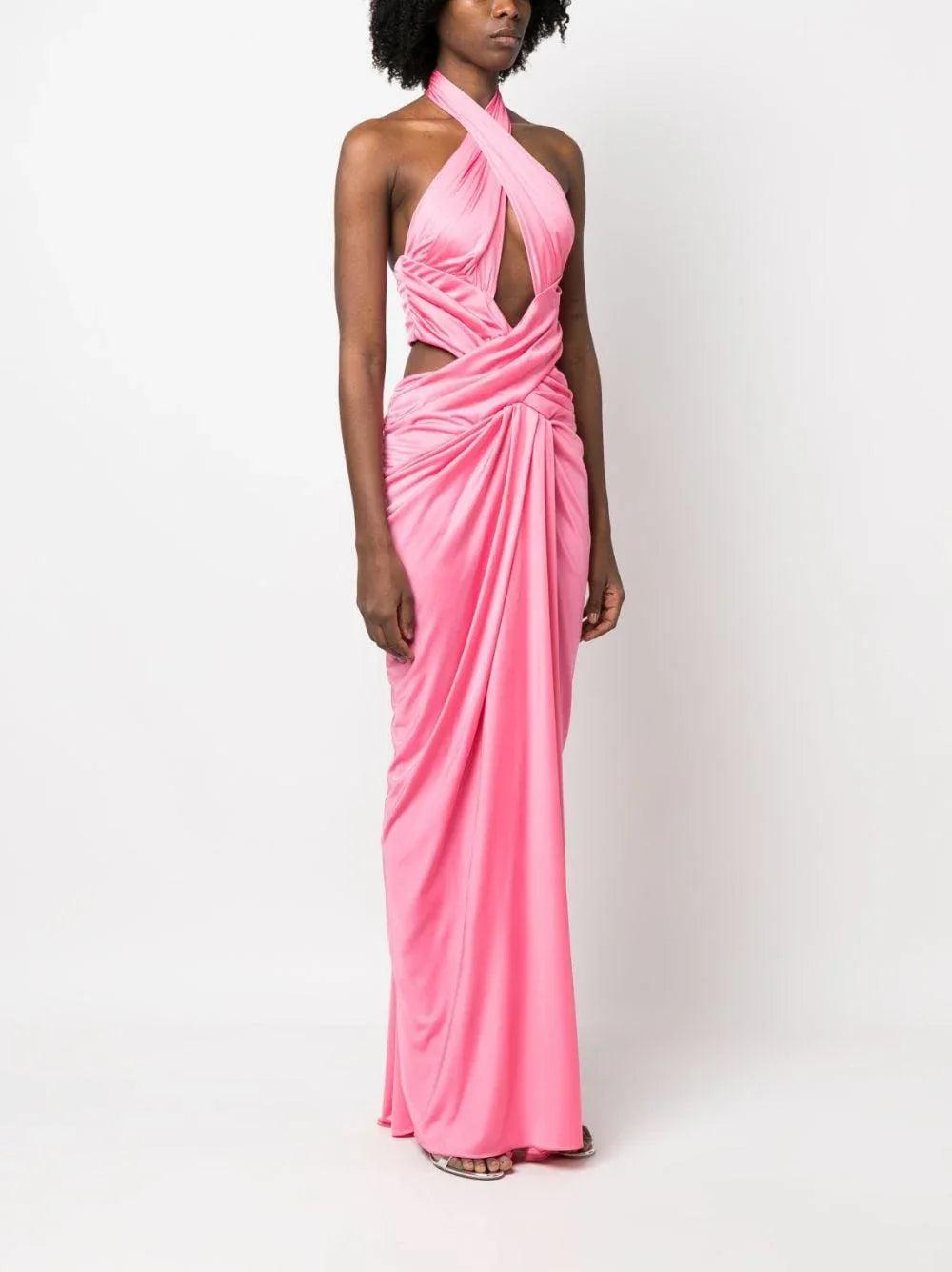 Abito lungo drappeggiato scollo all'americana rosa - Preludio Moda