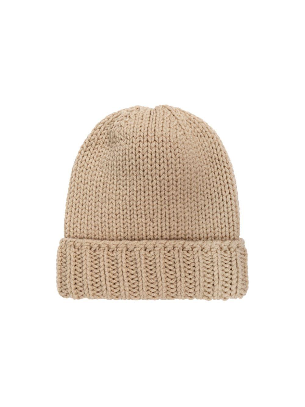 Cappello beige all'uncinetto logo ricamo 9543B00026M1172 220 MONCLER KIDS