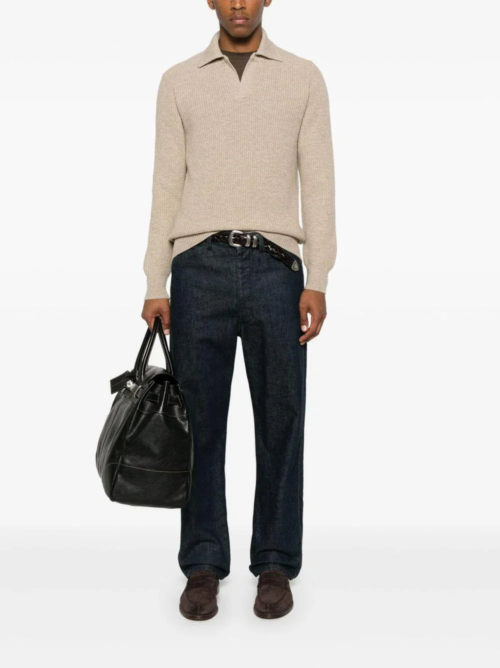 Maglione beige a coste con colletto classico - Preludio Moda