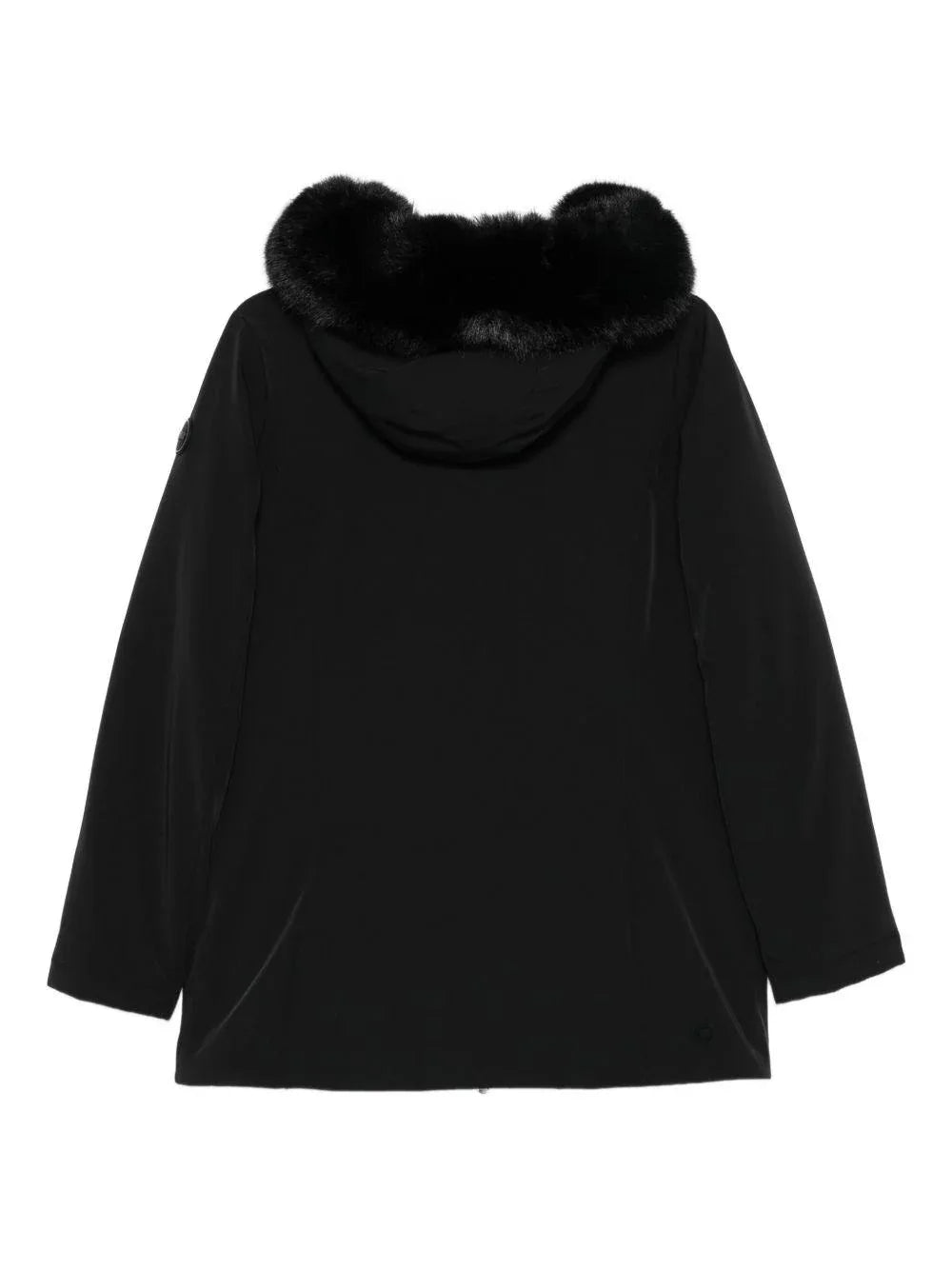 Cappotto nero con cappuccio e rifinitura in finta pelliccia - Preludio Moda