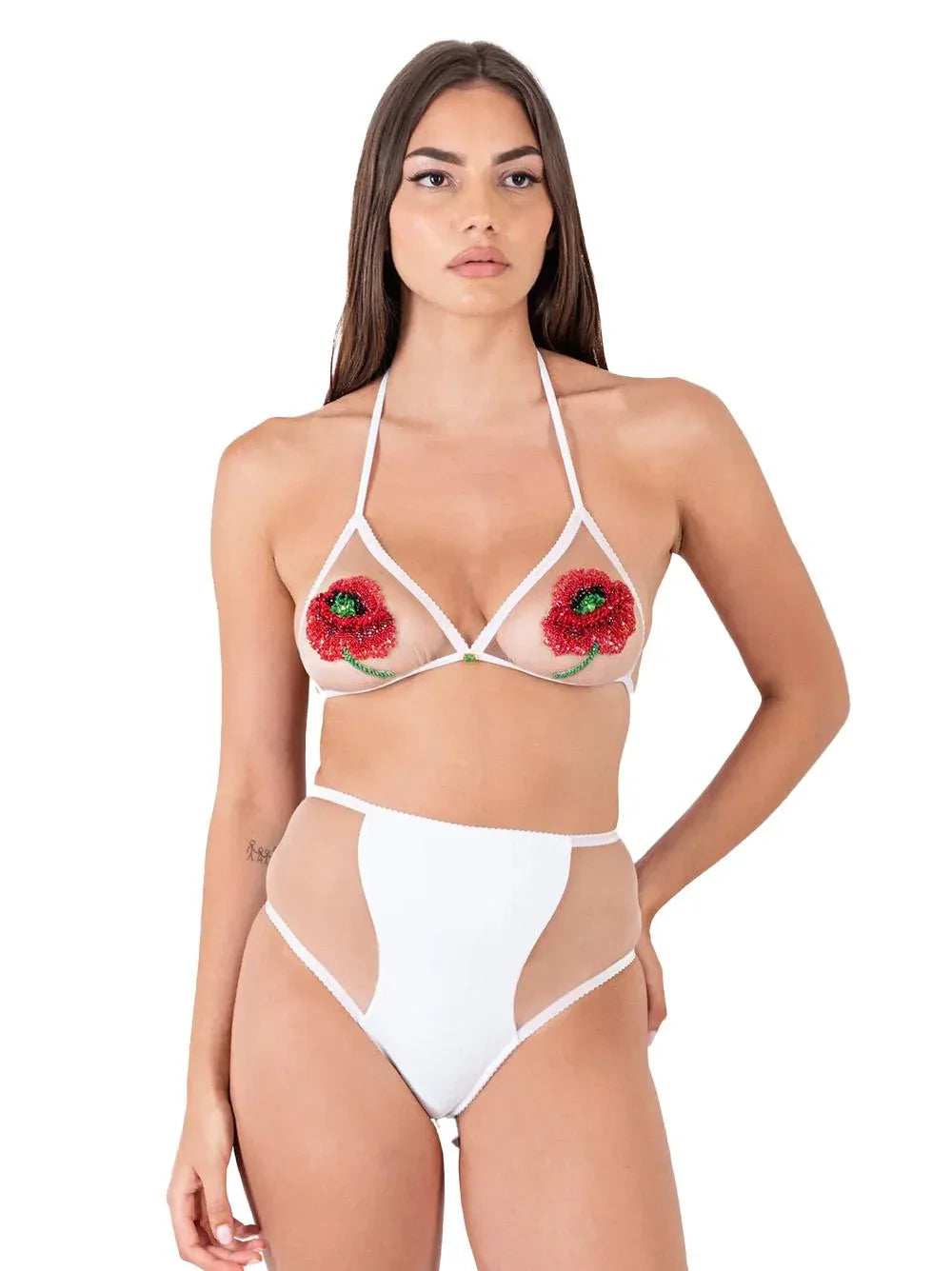 Set bianco doppio slip con ricami (3pz) - Preludio Moda