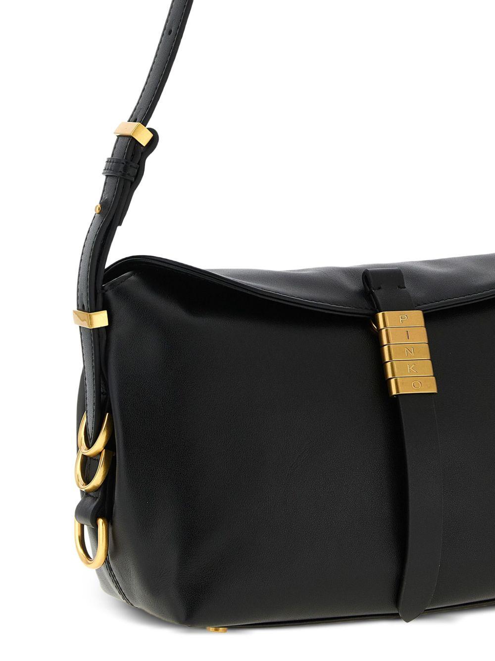Borsa a spalla nera in pelle con anello inciso 105895A1ZX Z99Q PINKO