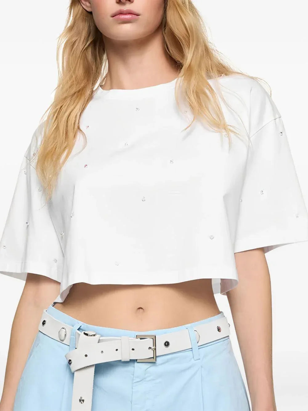T-shirt bianca crop over con perline - Preludio Moda