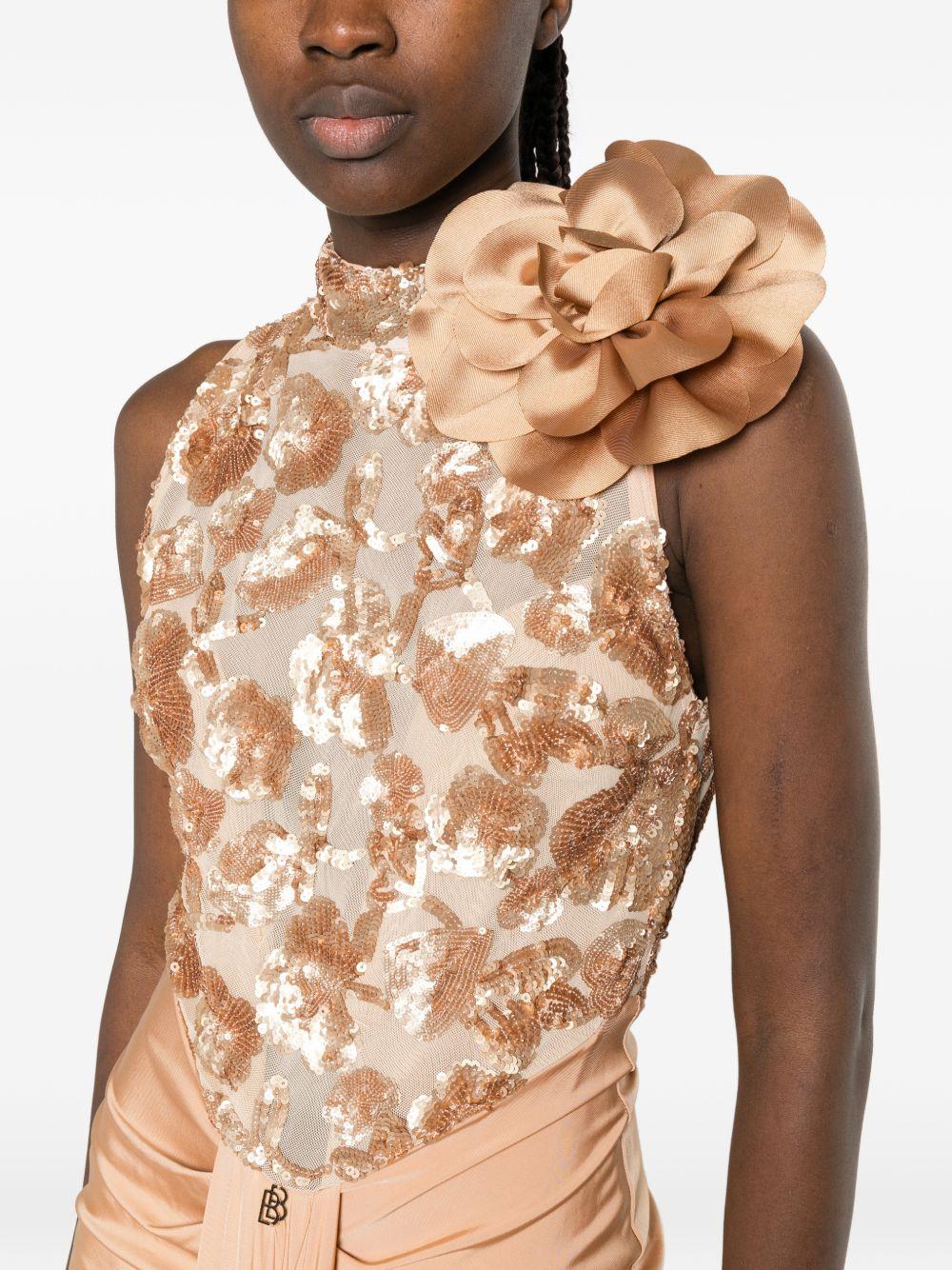 Abito lungo con paillettes e applicazione floreale WS00904 BEIGE BABYLON COLLECTION