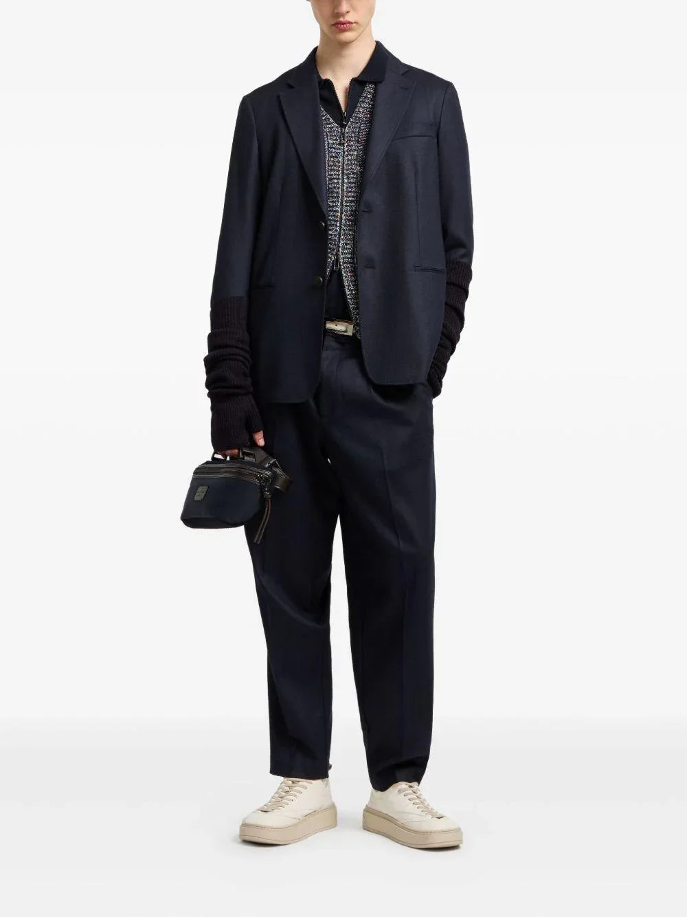 Polo blu in lana con mezza zip e maniche lunghe - Preludio Moda