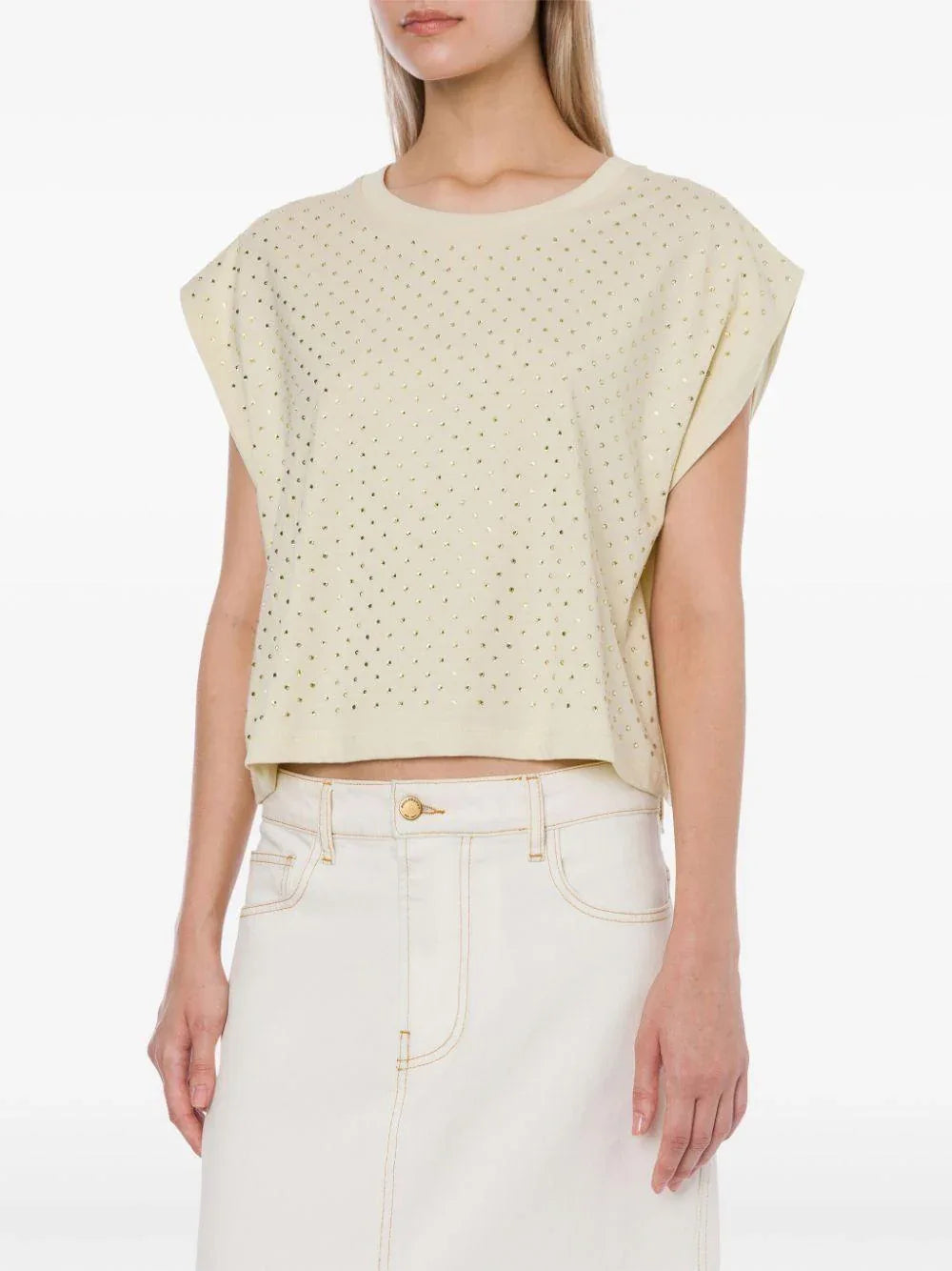T-shirt crop avorio con strass - Preludio Moda