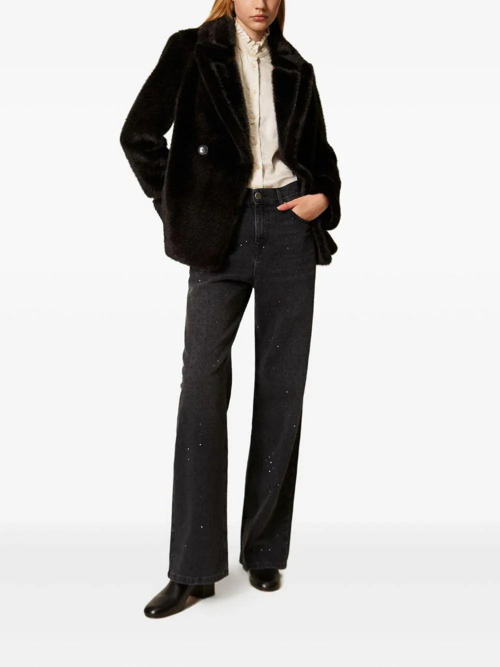 Jeans neri con cinque tasche e strass decorativi - Preludio Moda