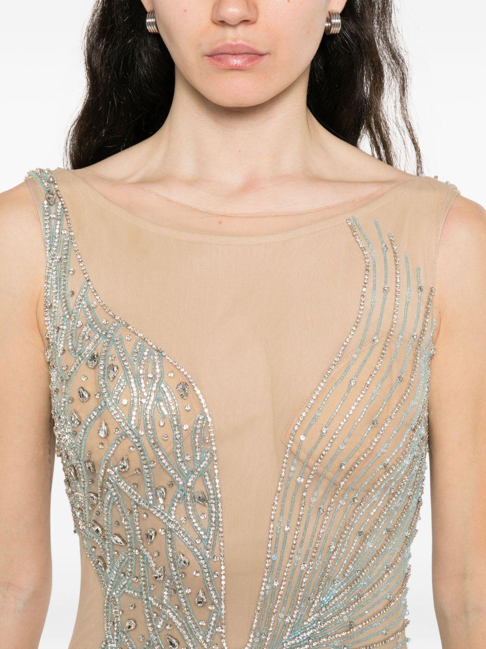 Abito Lungo Beige Girocollo con Perline e Spacco Laterale - Preludio Moda