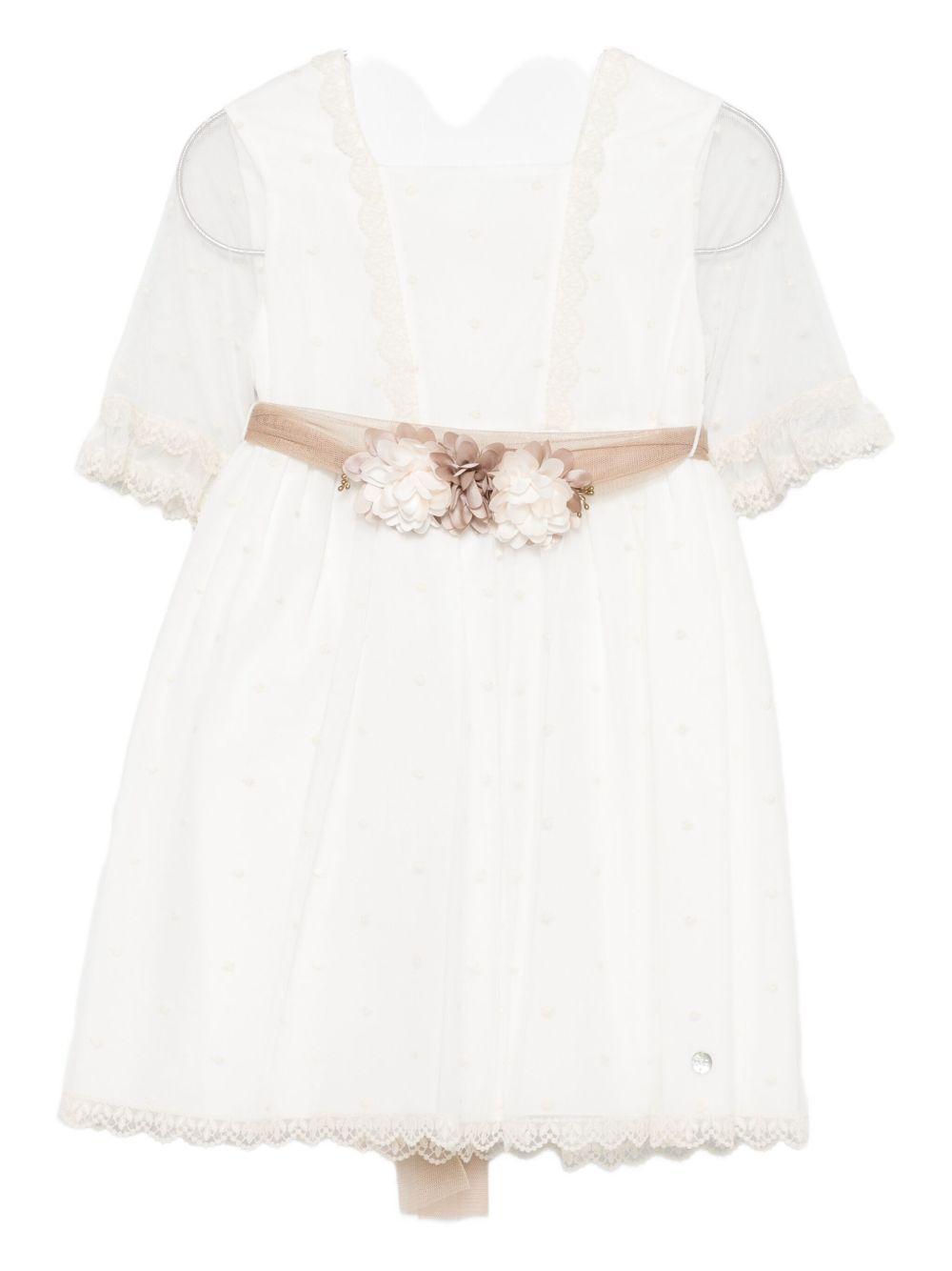 Abitino Cerimonia Bambina in Tulle Avorio con Cintura e Fiori Elegante e Raffinato 004151388 6062T1 PAZ RODRIGUEZ KIDS