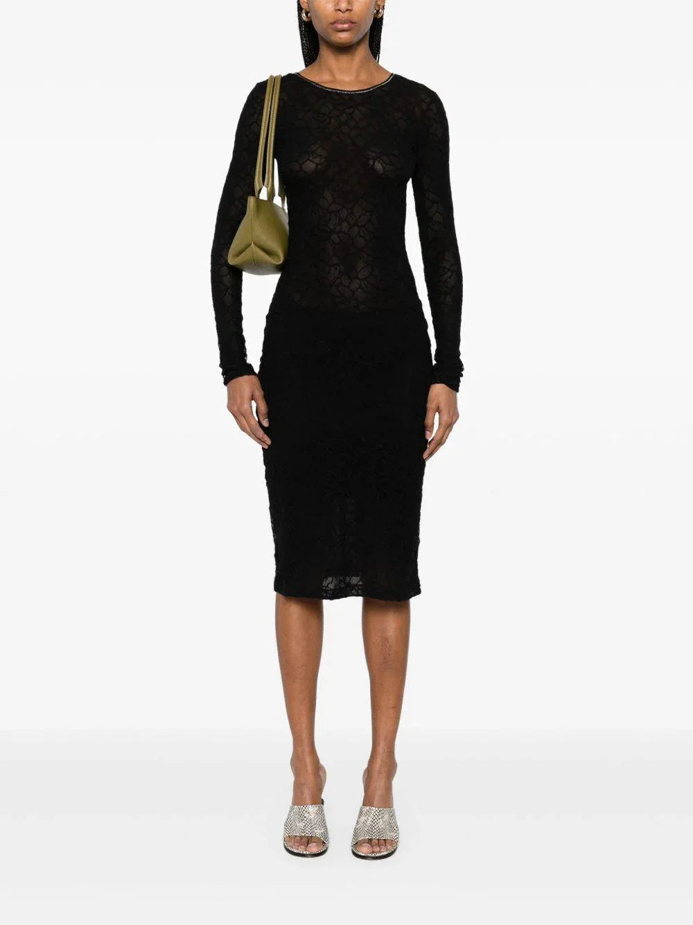 Abito aaron nero in pizzo con fantasia semitrasparente - Preludio Moda