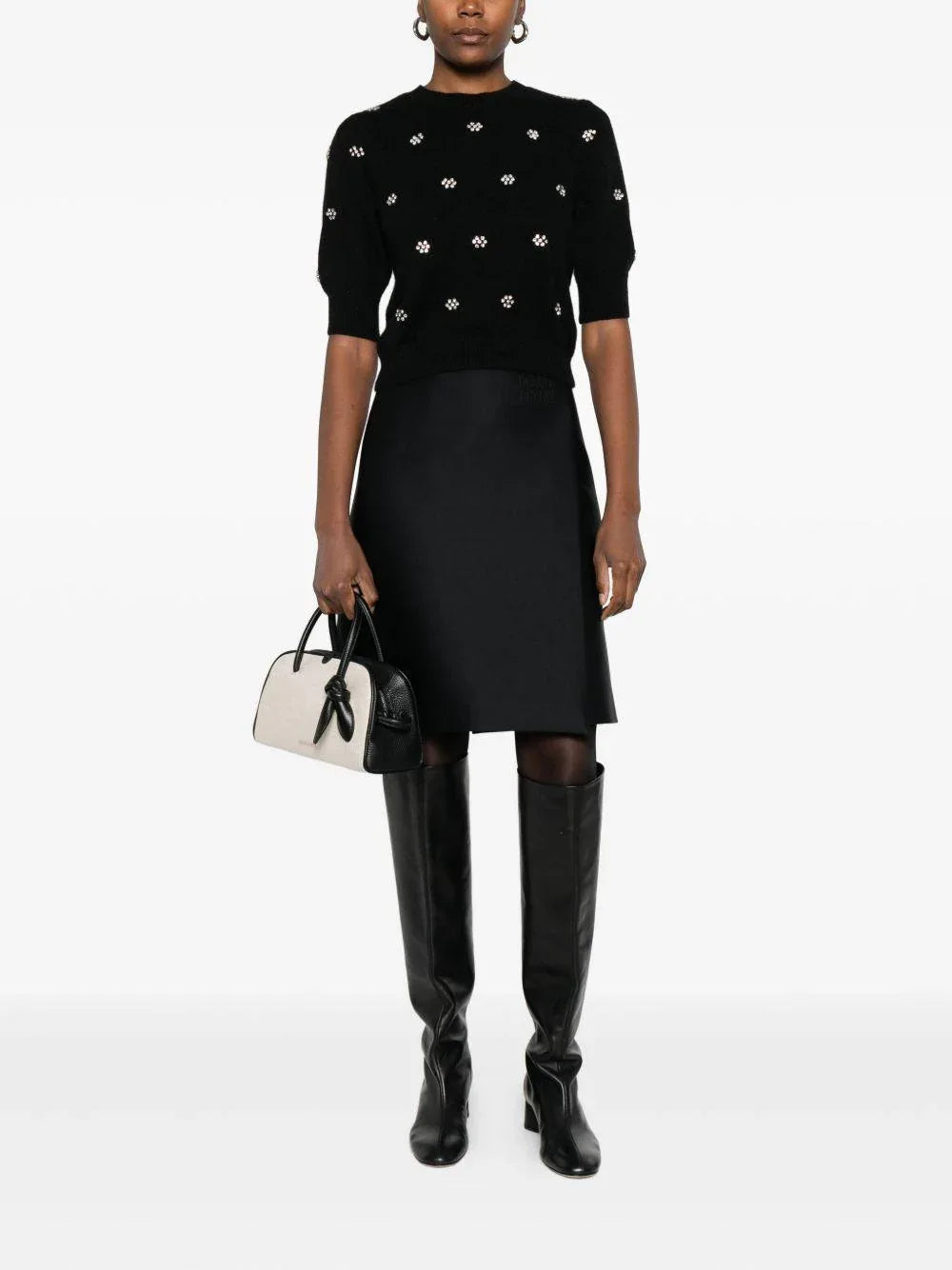 Maglione nero decorato con cristalli e girocollo - Preludio Moda