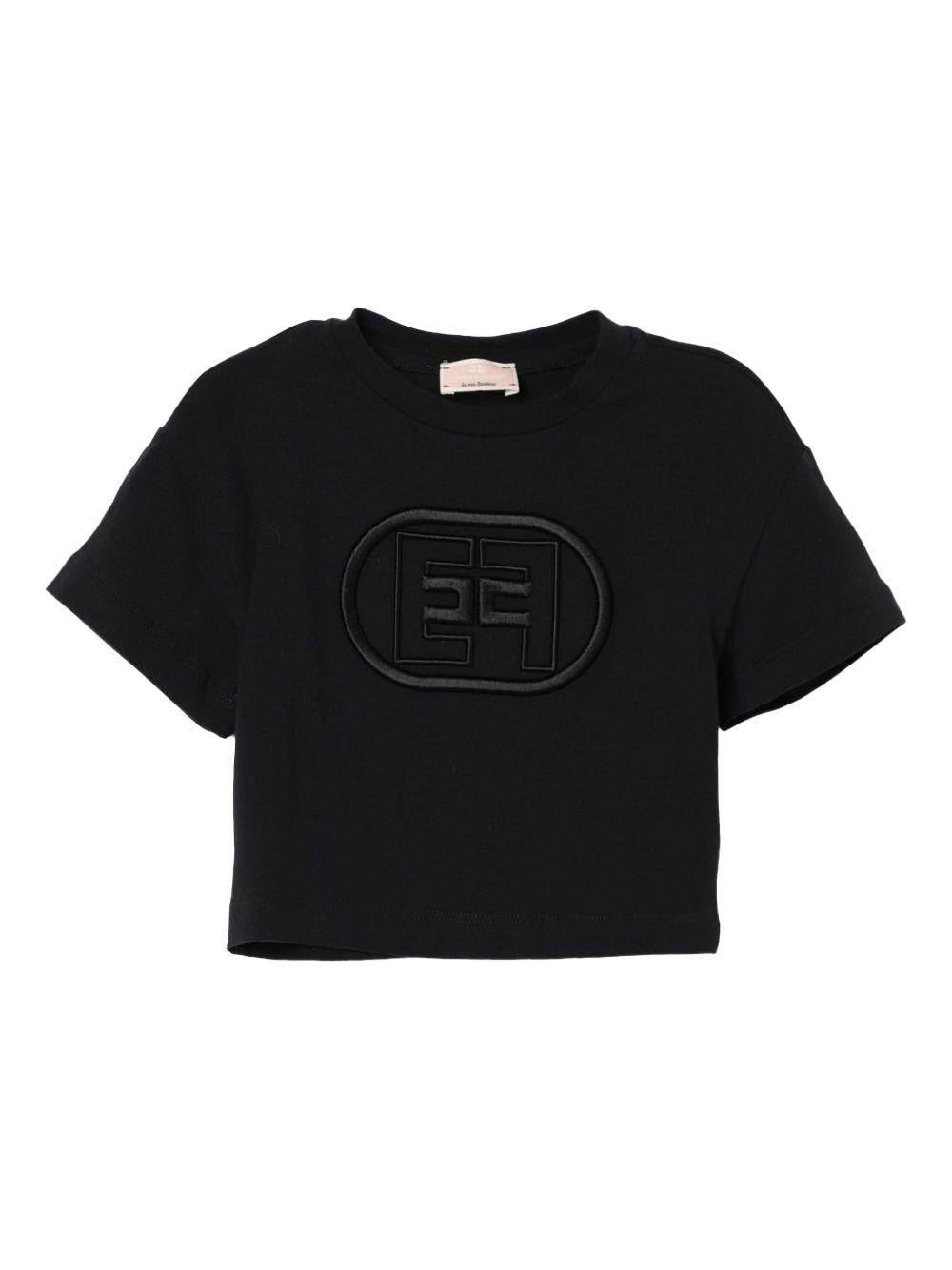 T-shirt nera ricamo logo monogram tono su tono neonata