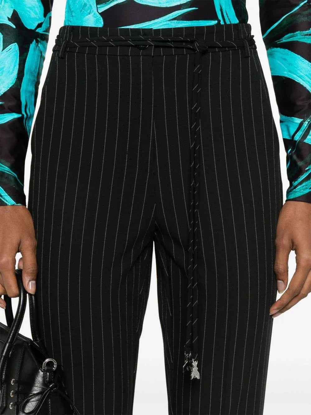 Pantalone nero gessato cintura logata - Preludio Moda