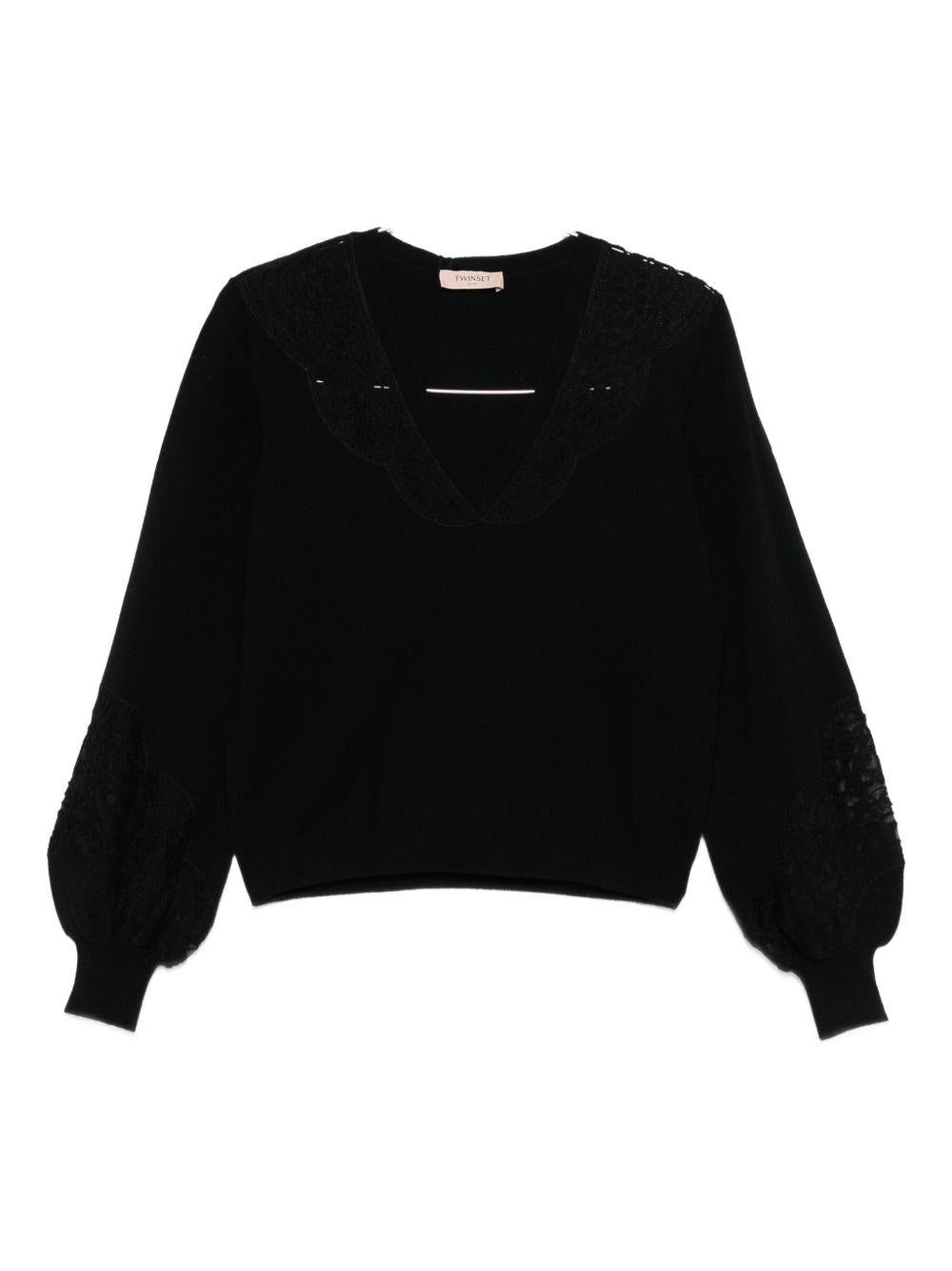Maglione nero con maniche in pizzo 252TT3440 00006 TWINSET