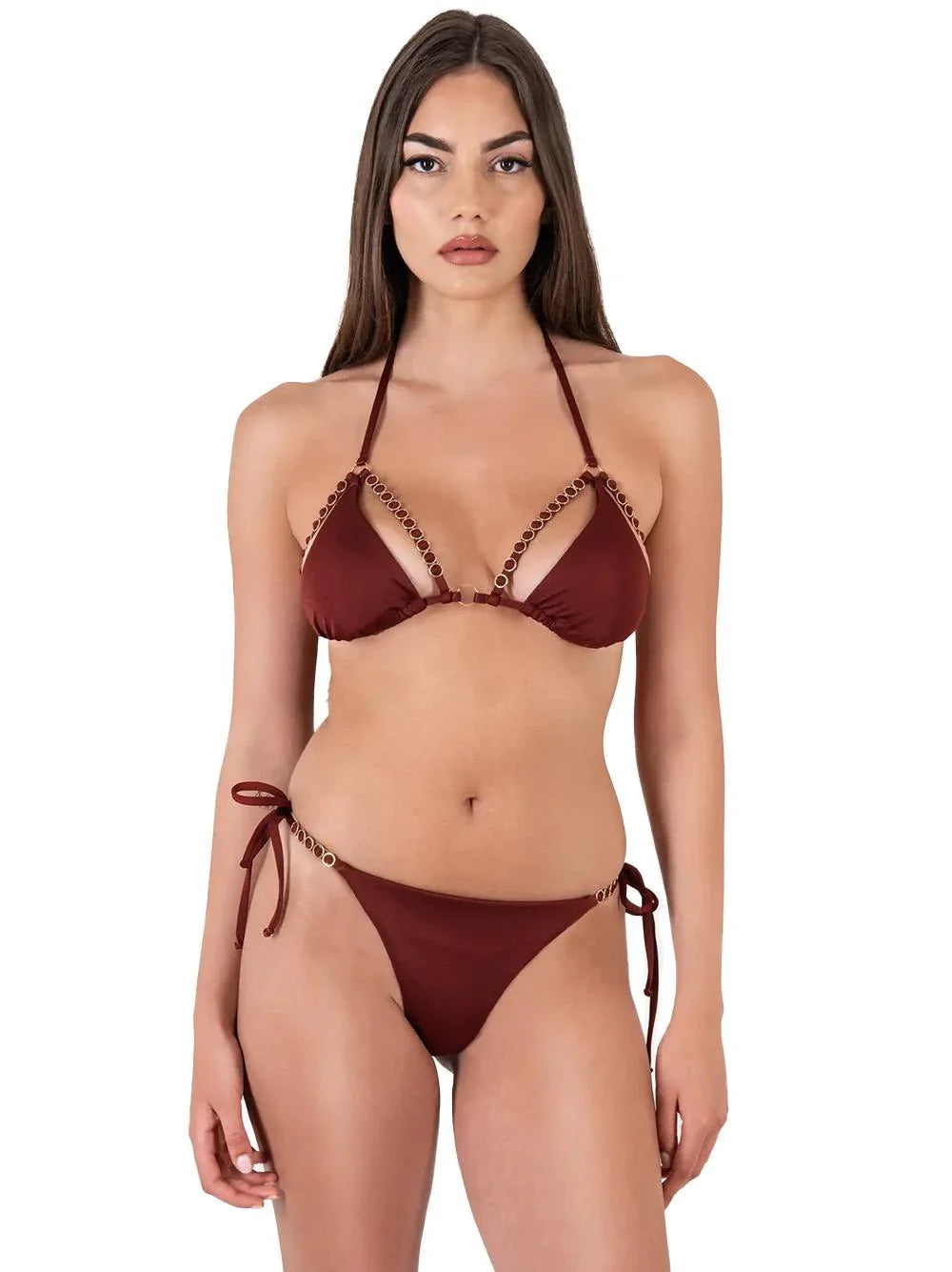 Costume triangolo e slip marrone con anelli oro - Preludio Moda