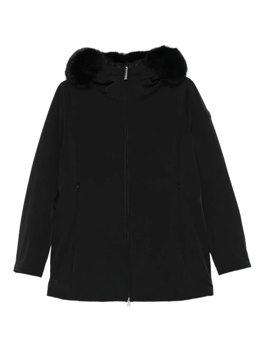 Cappotto nero con cappuccio e rifinitura in finta pelliccia - Preludio Moda
