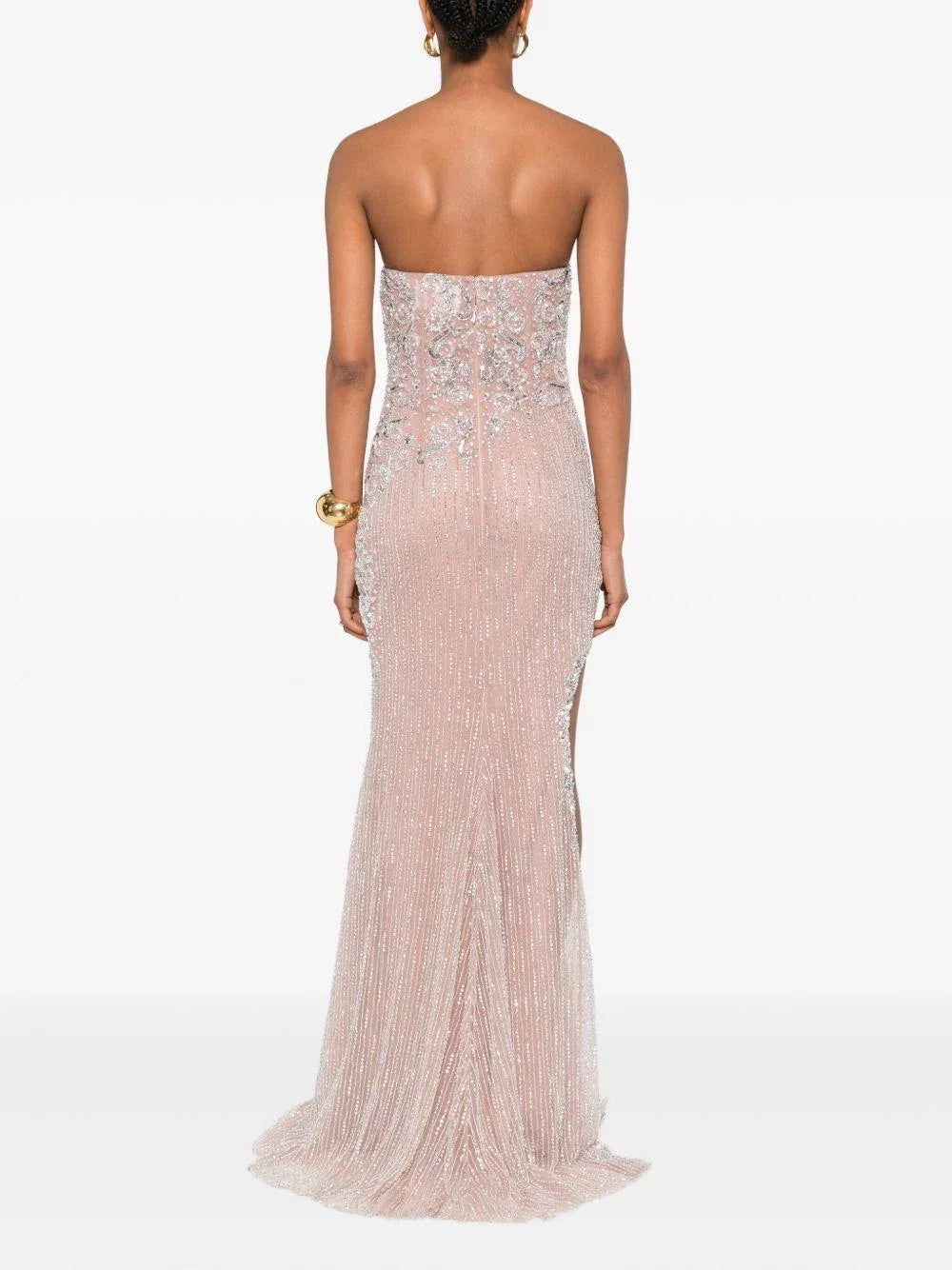 Abito Lungo Rosa Senza Spalline con Paillettes e Perline - Preludio Moda