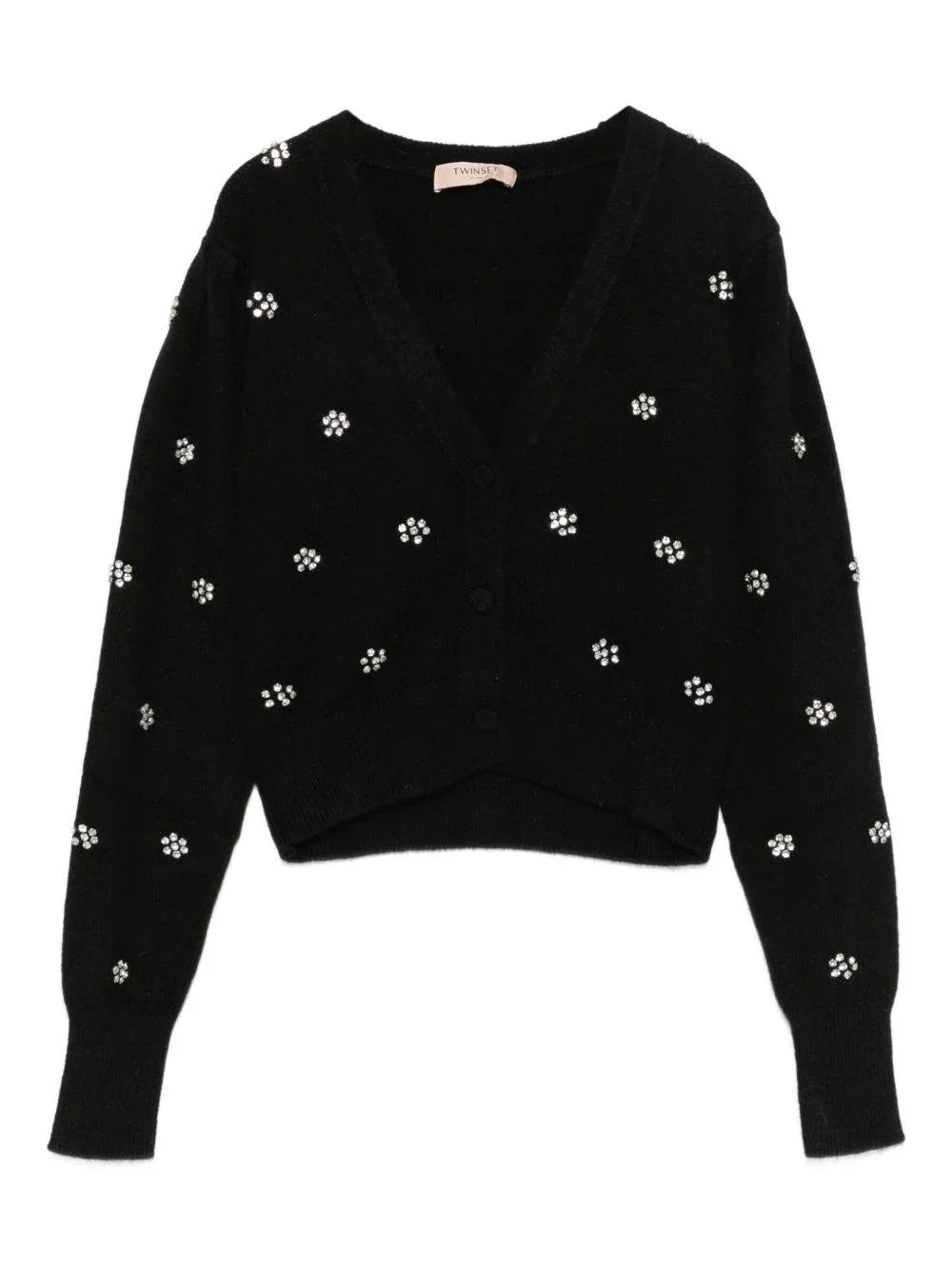 Cardigan nero a motivi floreali con scollo a V - Preludio Moda