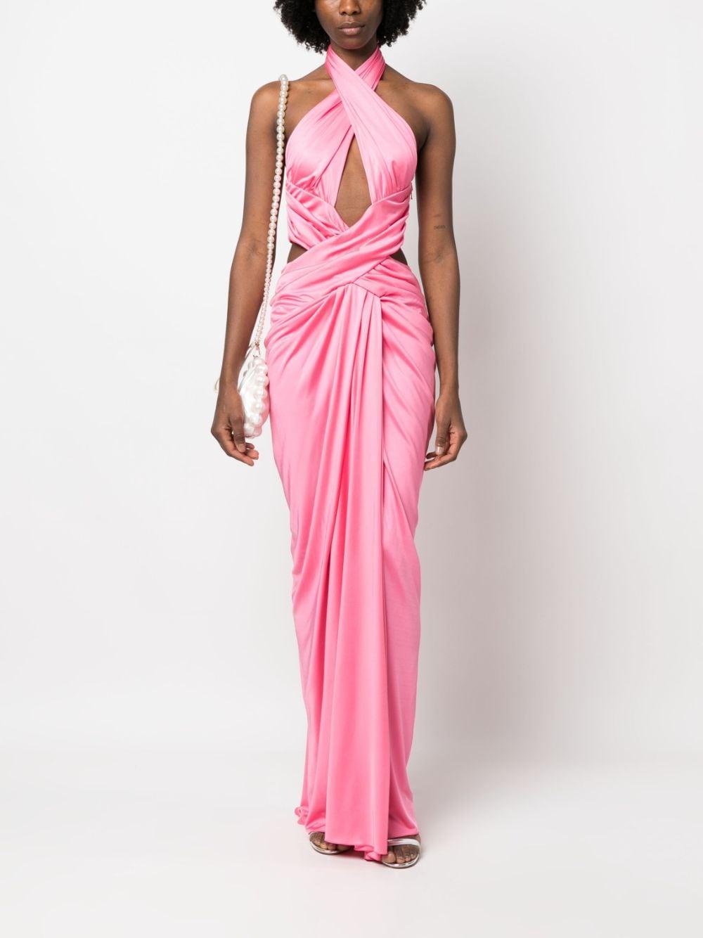 Abito lungo drappeggiato scollo all'americana rosa