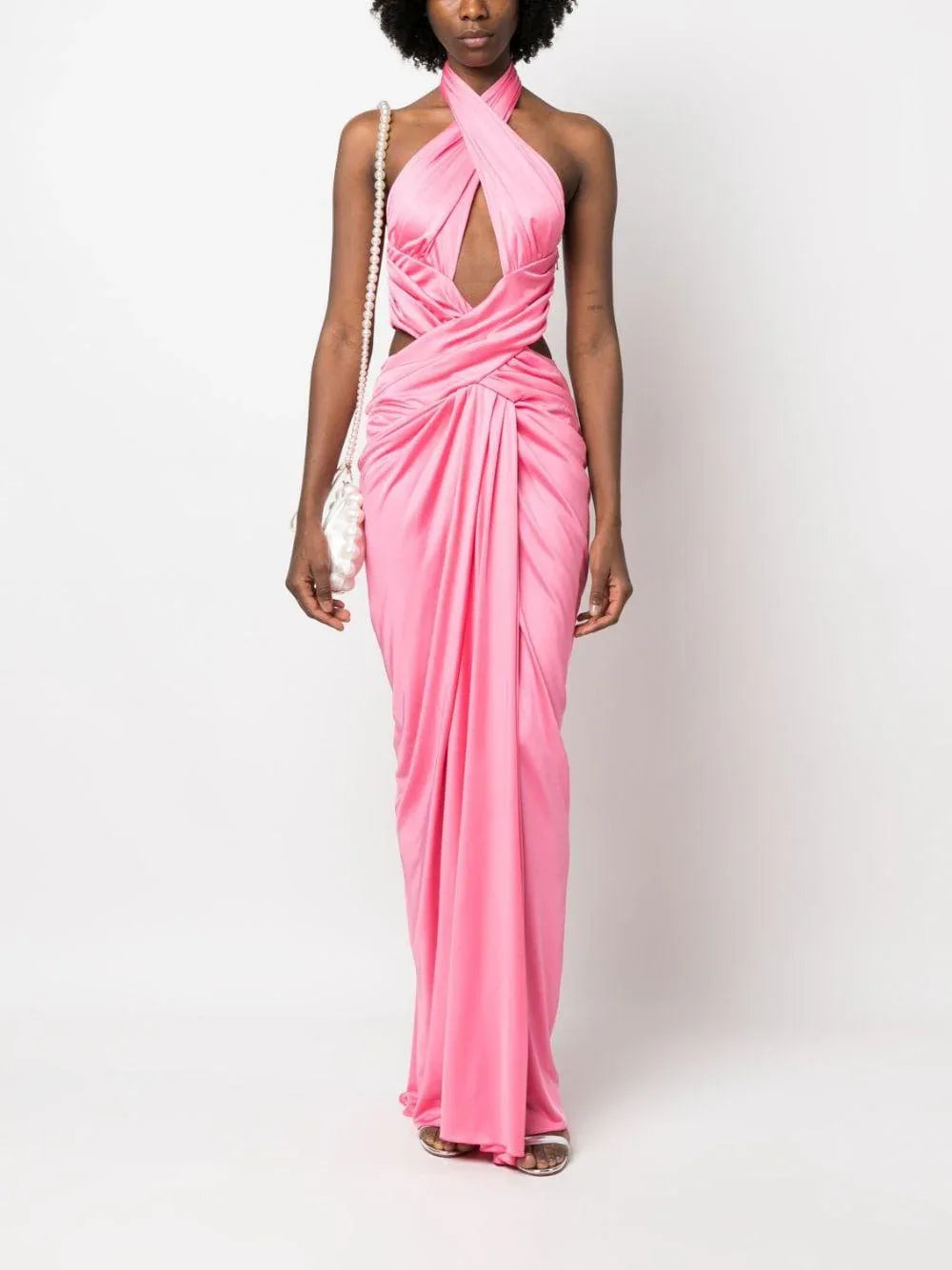 Abito lungo drappeggiato scollo all'americana rosa - Preludio Moda
