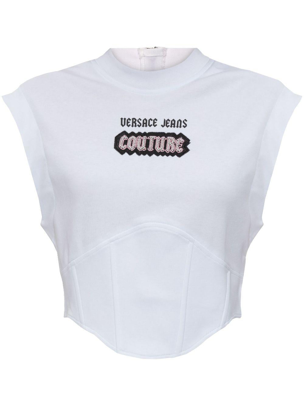 Top bianco stile corpetto logo con perline 77HAH611J0005 003 VERSACE JEANS