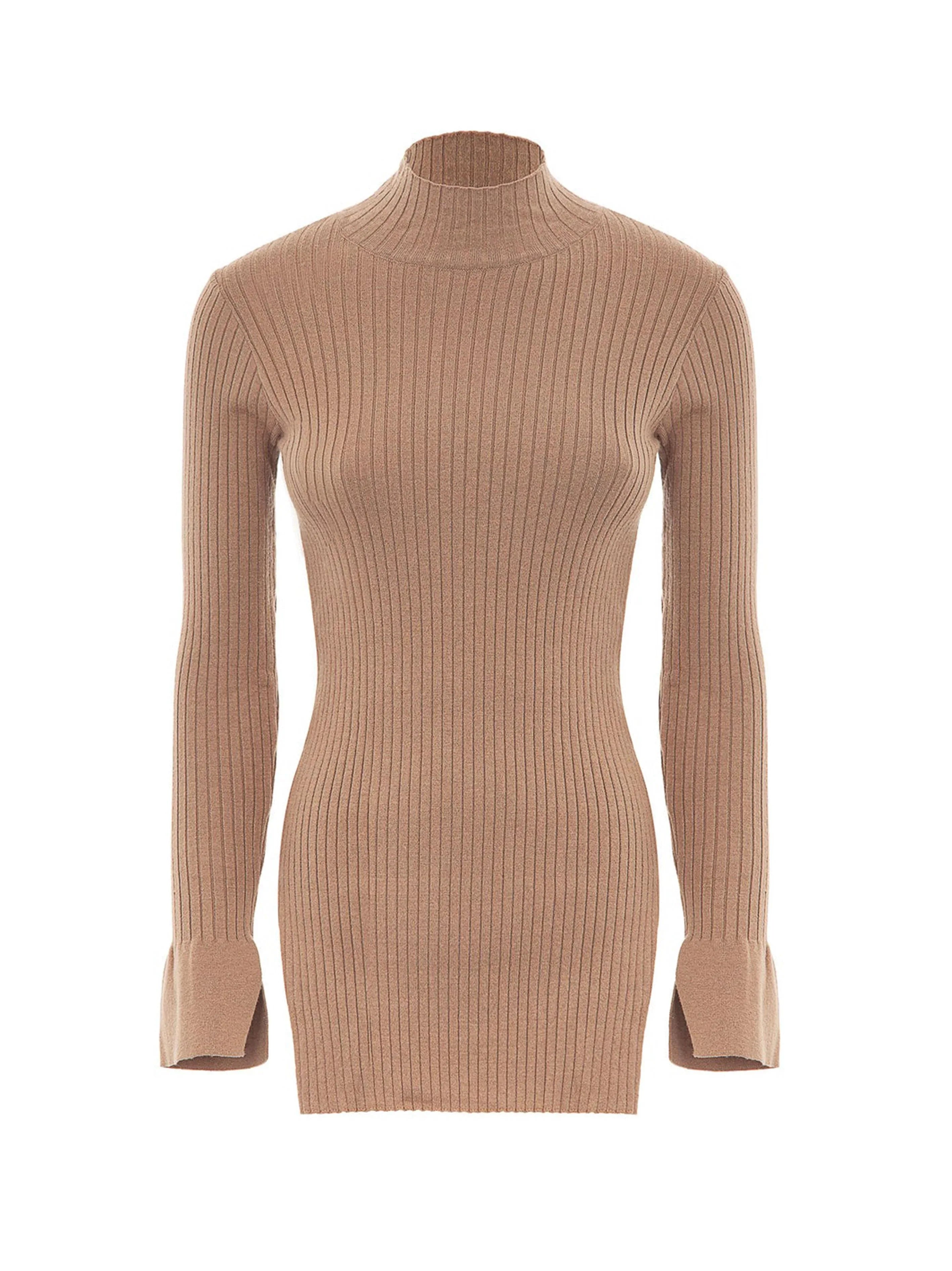 Maglia a costine con spacchi su polsi cammello - Preludio Moda