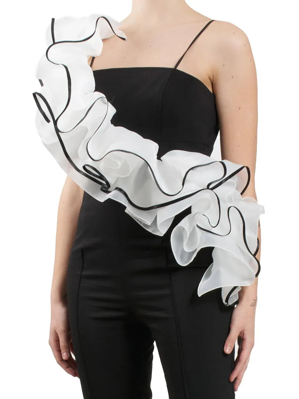 Tuta intera nera con voilant frontale asimmetrico - Preludio Moda