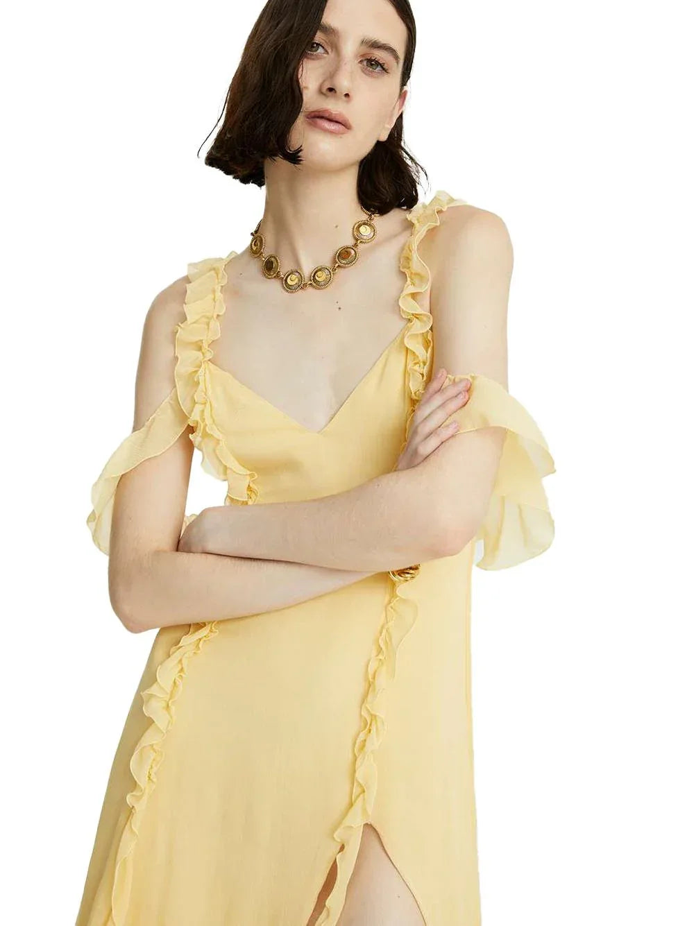 Abito giallo in crepe lungo con dettagli in rushes - Preludio Moda