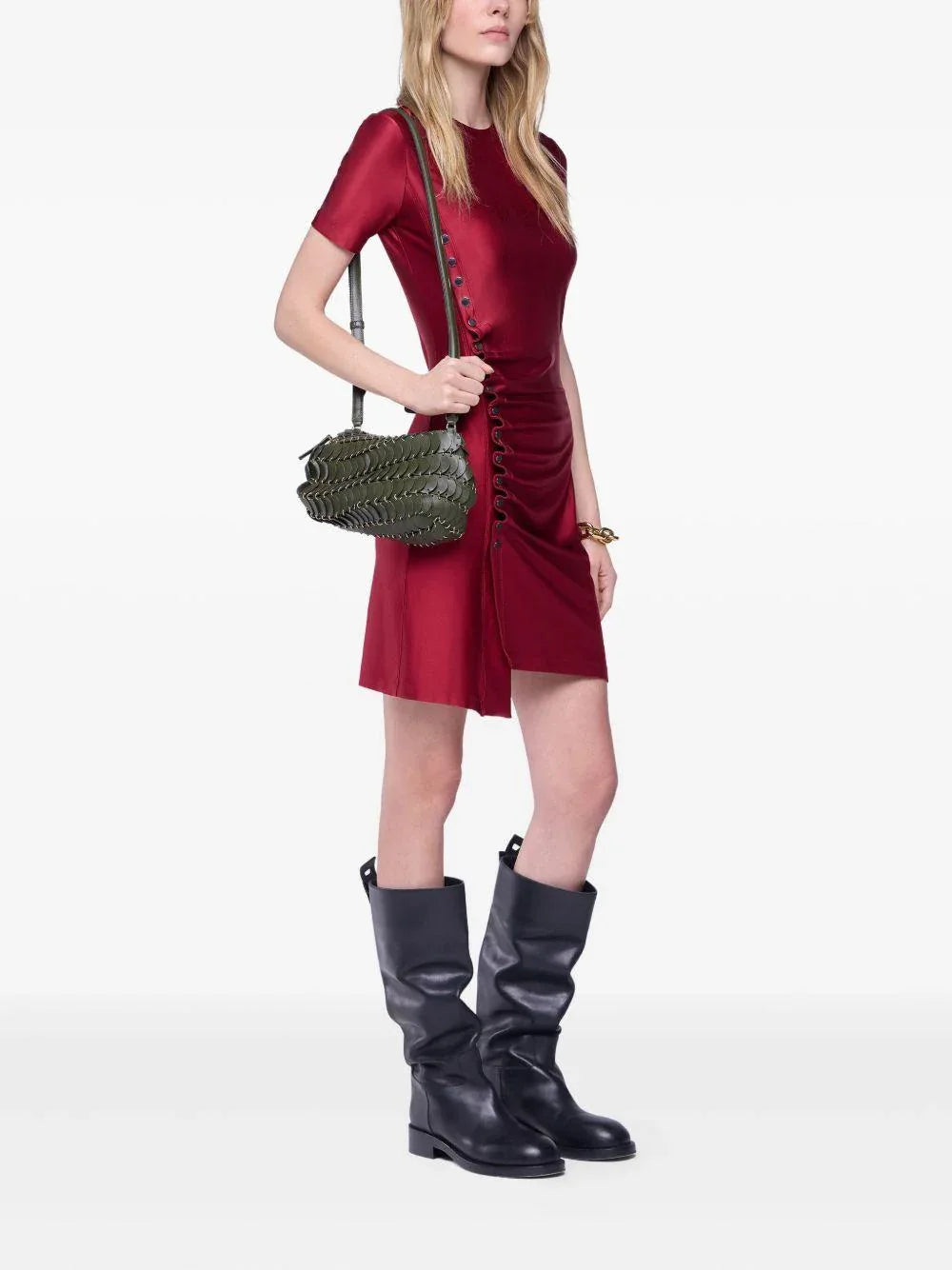 Abito rosso borgogna a maniche corte arricciate - Preludio Moda